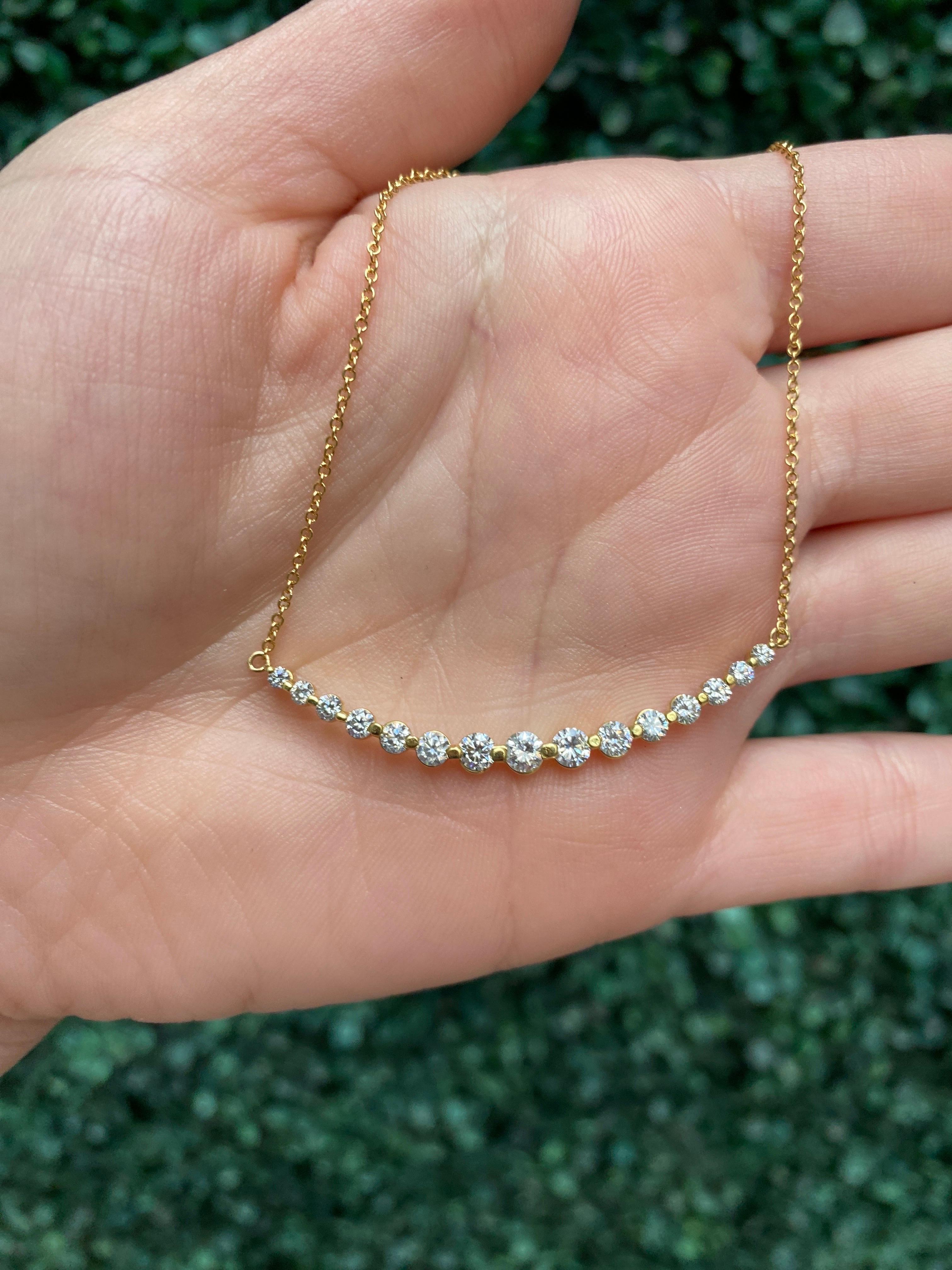 18k Yellow Gold 1.28ctw Natural Round Diamond Graduated Bar Necklace 5