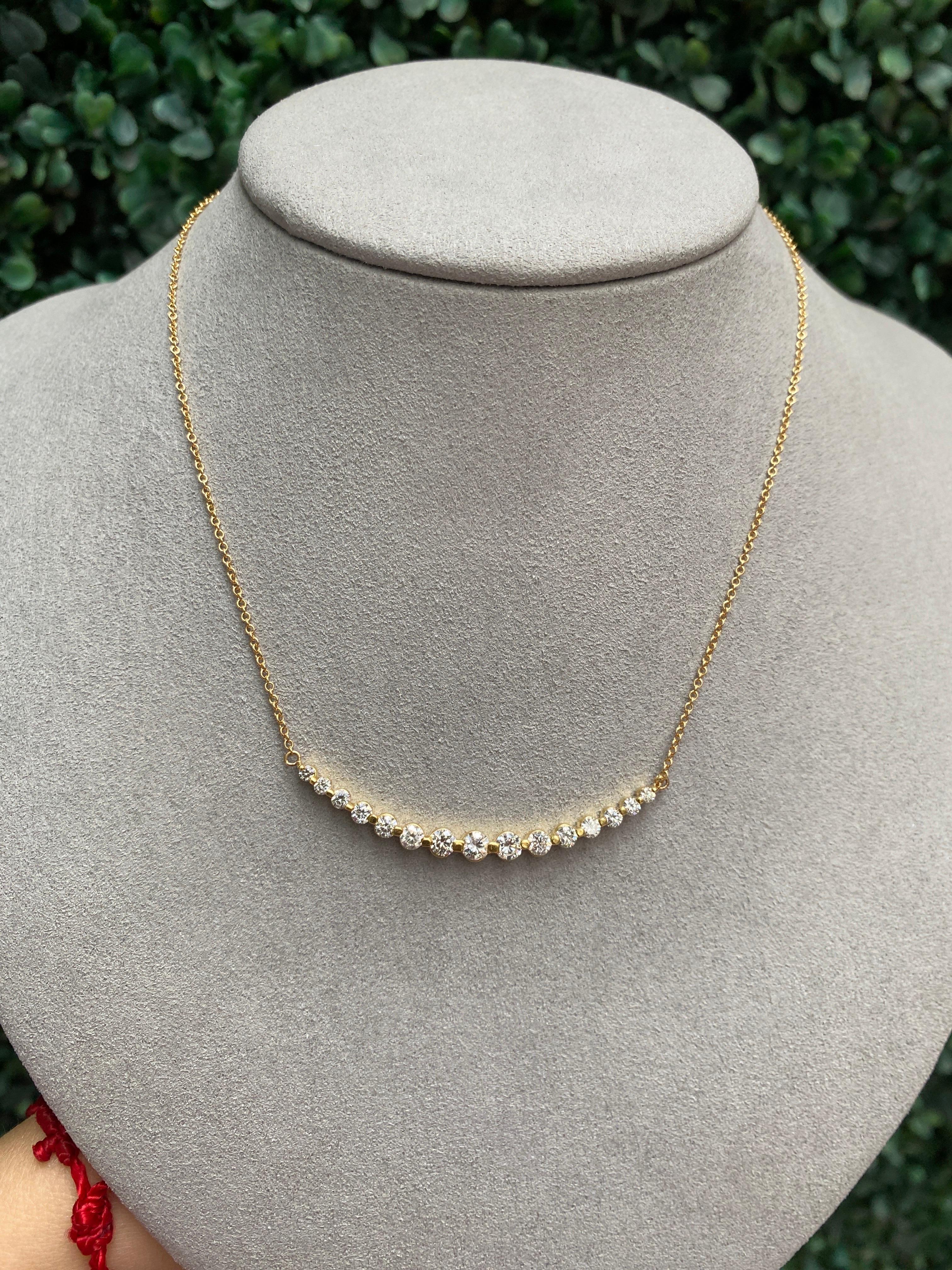 18k Yellow Gold 1.28ctw Natural Round Diamond Graduated Bar Necklace 6