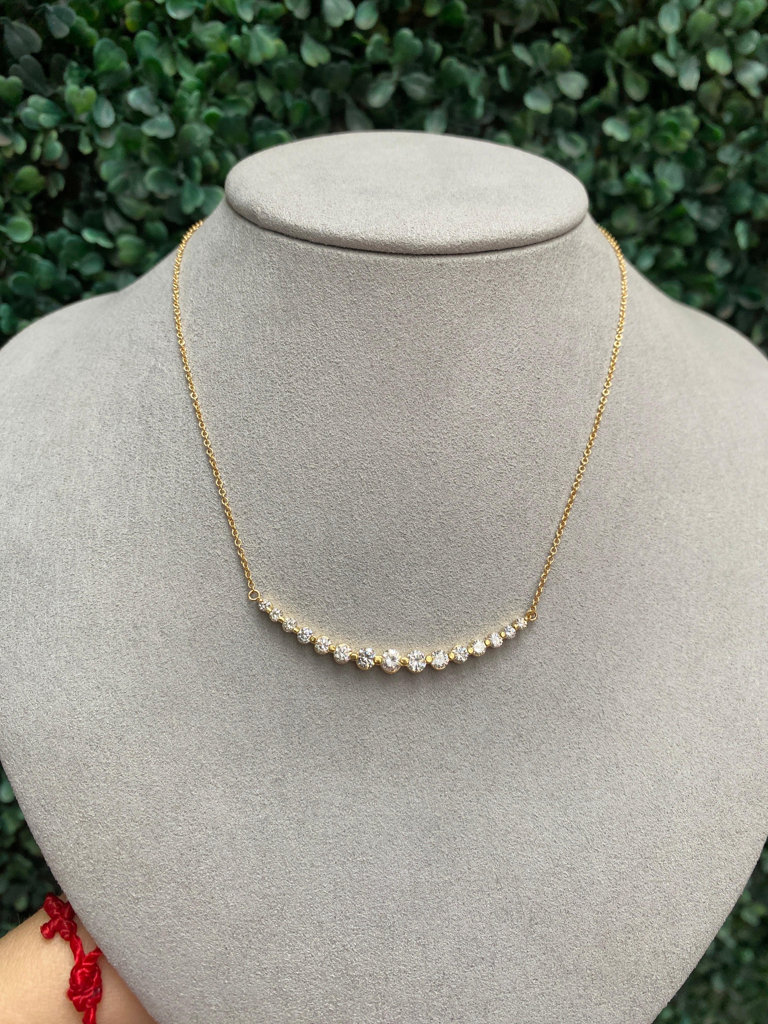 18k Yellow Gold 1.28ctw Natural Round Diamond Graduated Bar Necklace 7