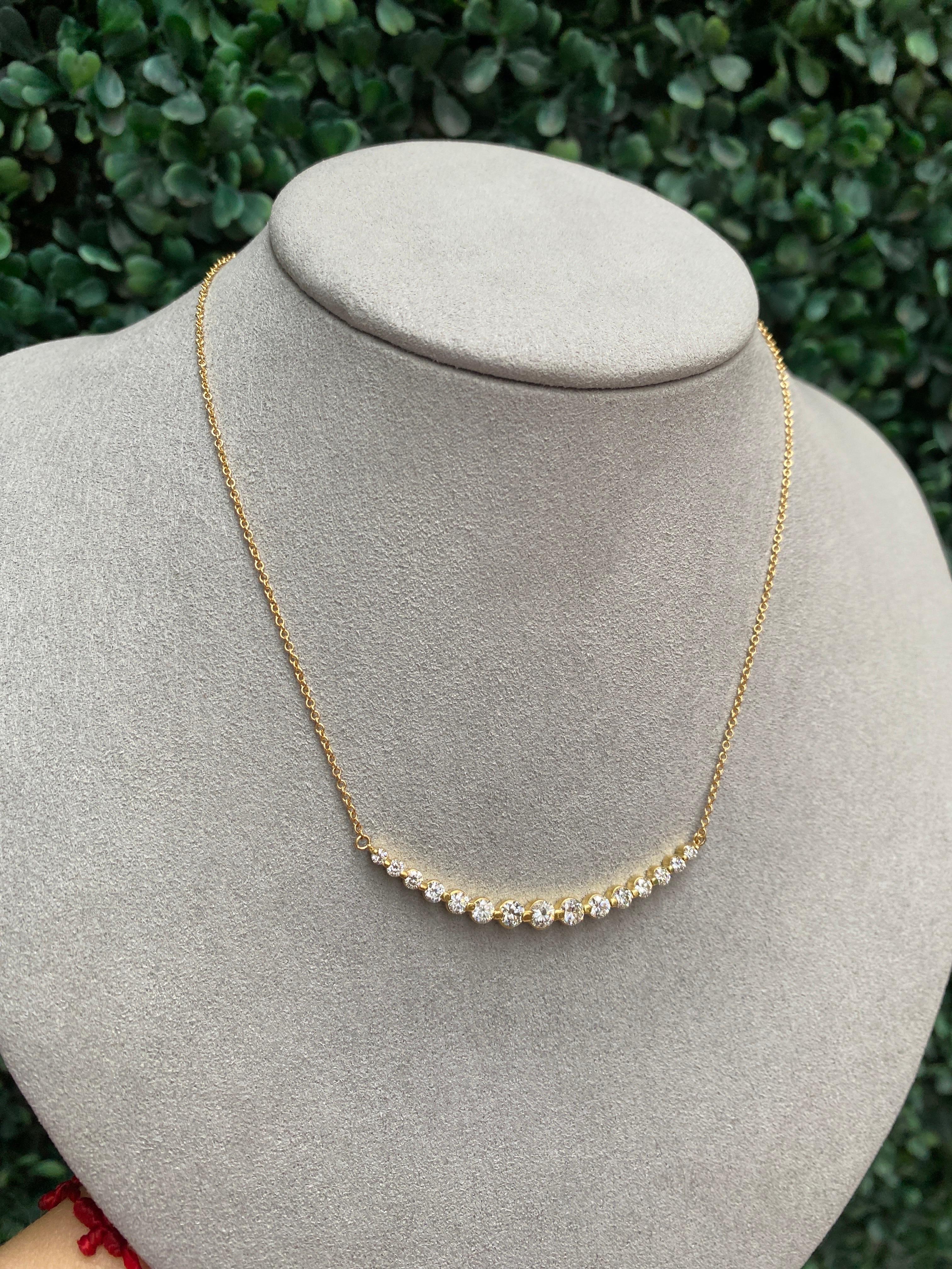 18k Yellow Gold 1.28ctw Natural Round Diamond Graduated Bar Necklace 8