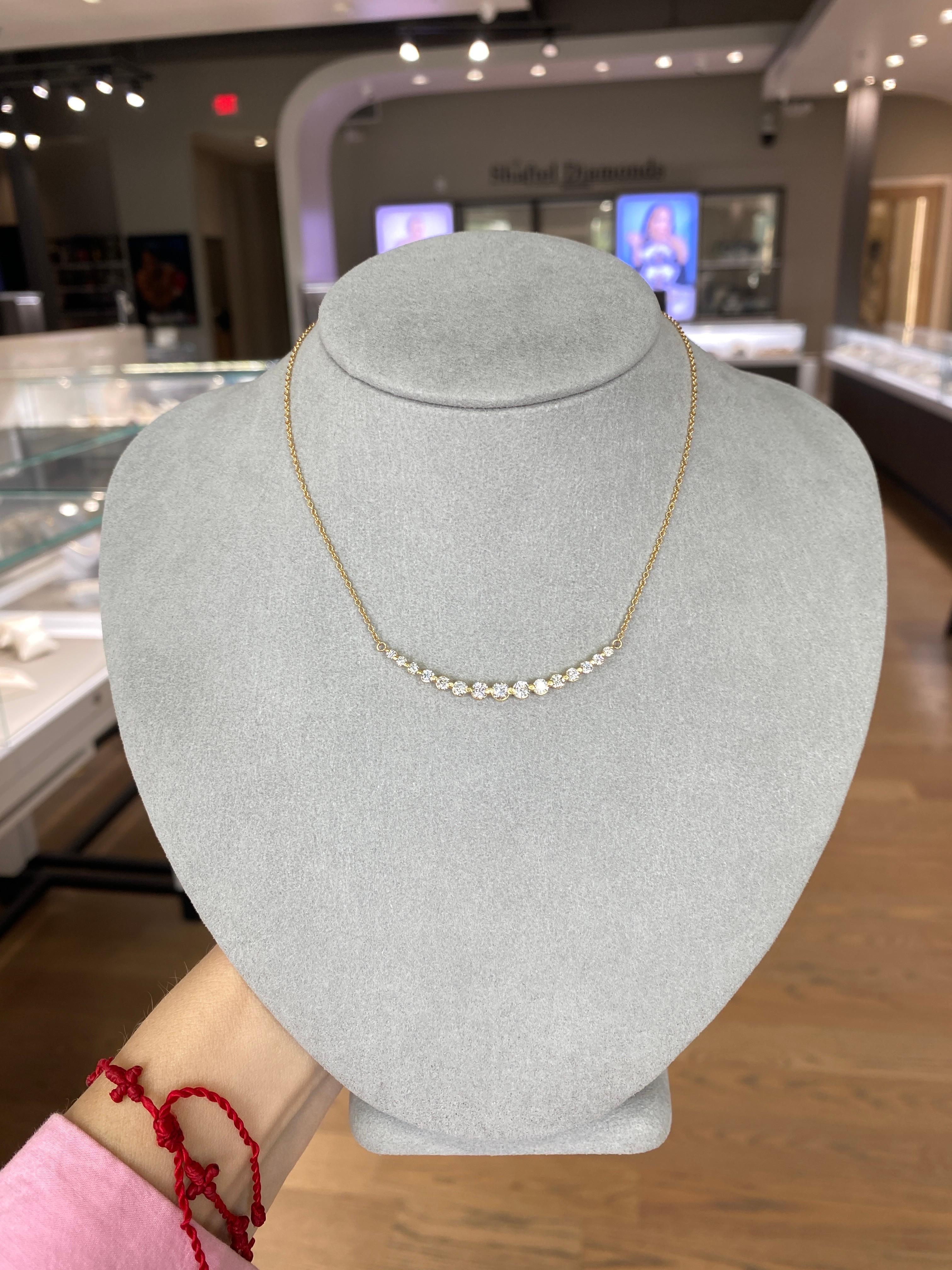 18k Yellow Gold 1.28ctw Natural Round Diamond Graduated Bar Necklace 1