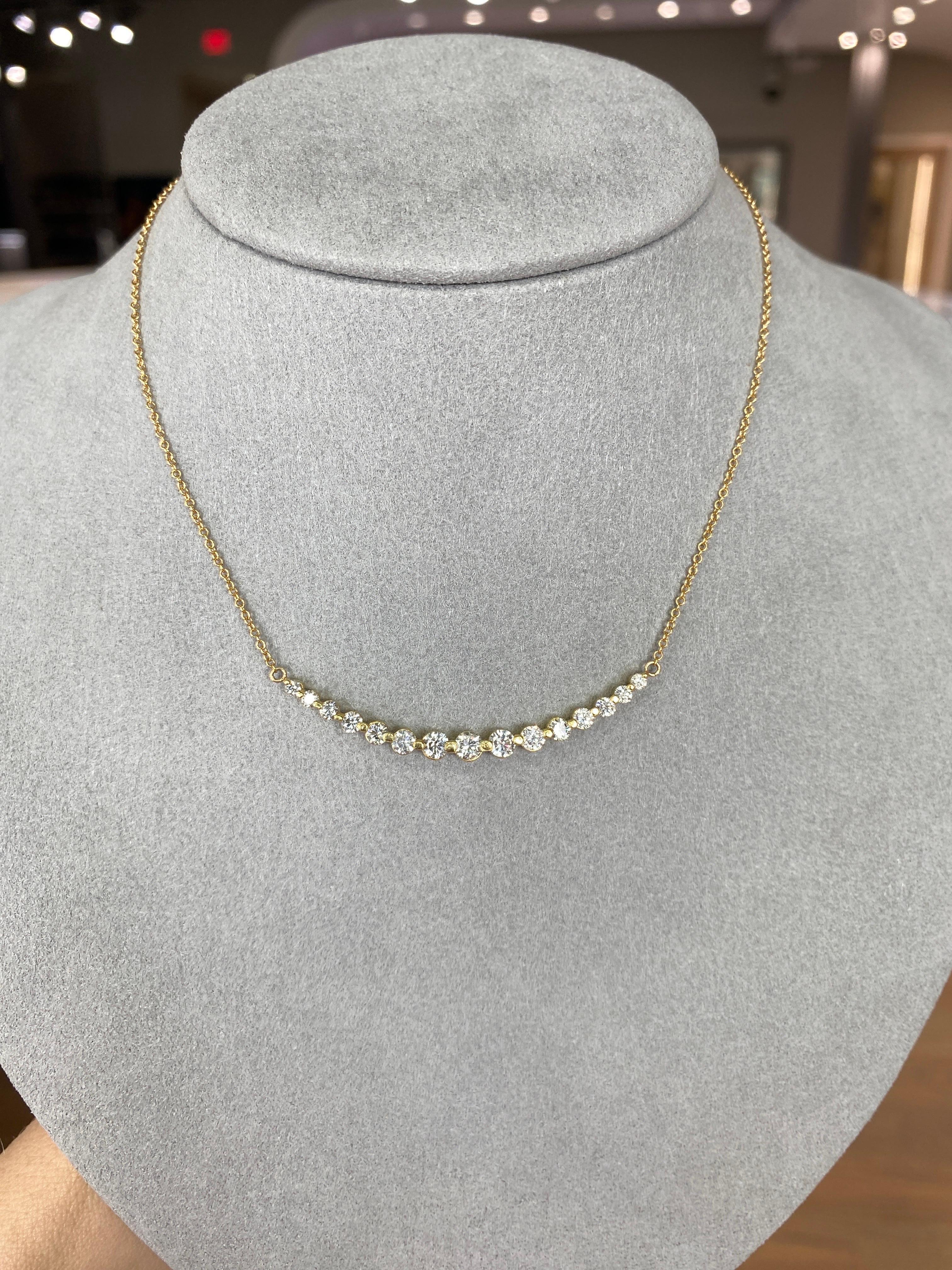 18k Yellow Gold 1.28ctw Natural Round Diamond Graduated Bar Necklace 2