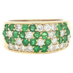 18k Yellow Gold 1.28ctw Round Emerald & Diamond Floral Cluster Band Ring