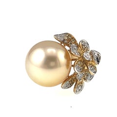18 Karat Gelbgold 12,8 mm Südsee-Goldperlen-Verlobungsring mit Diamanten