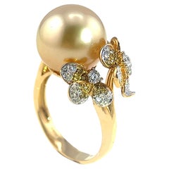18 Karat Gelbgold 12,8 mm Südsee-Goldperlen-Verlobungsring mit Diamanten