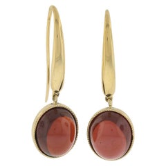 18K Yellow Gold 12mm Oval Cabochon Bezel Garnet Dangle Drop French Hook Earrings