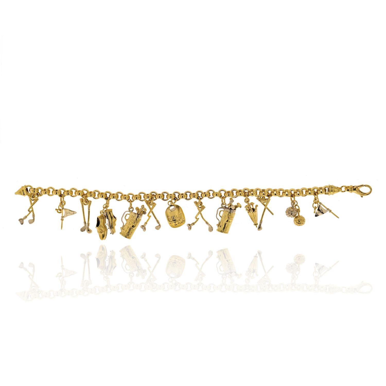 Modern 18 Karat Yellow Gold 13 Charm Vintage Link Bracelet