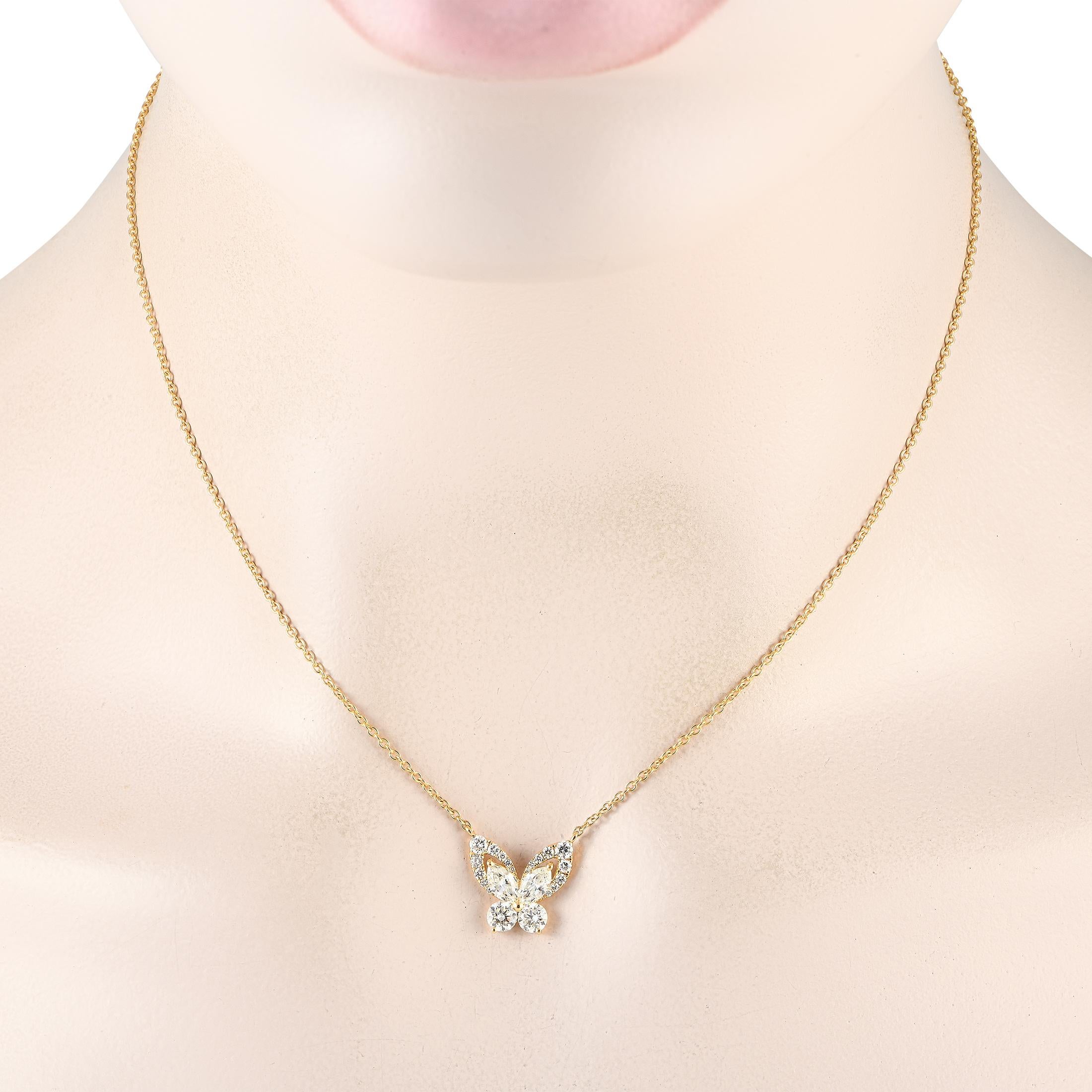 Mark a new beginning or celebrate a major change in your life with this diamond butterfly necklace. It features a yellow gold chain measuring 15.5 inches long, with a secure lobster clasp. The butterfly pendant with tiered wings is detailed with a