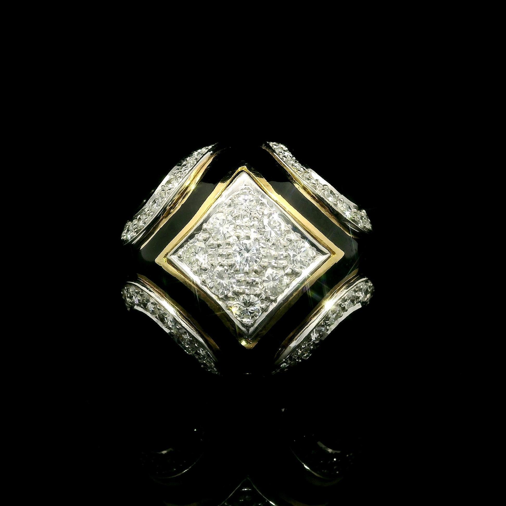 Anello in oro giallo 18k con diamante da 1,30 carati e smalto nero a cupola, misura 5 in vendita 3