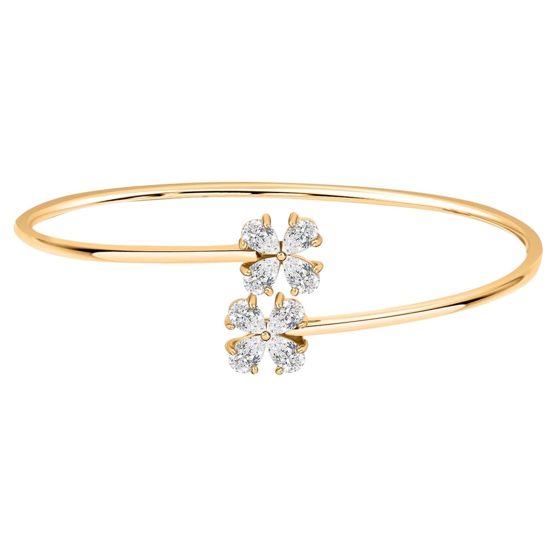 18K Yellow Gold 1.33 Carat Natural Diamond Floral Open Cuff Bangle Bracelet