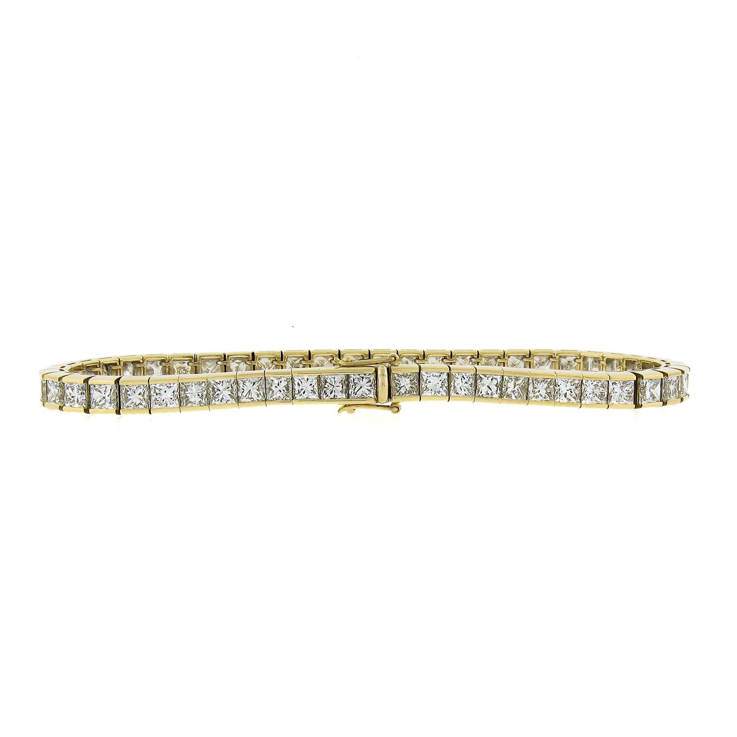 Women's or Men's 18K Yellow Gold 13.44ctw Princess Cut Channel Set Diamond Line Tennis Bracelet For Sale