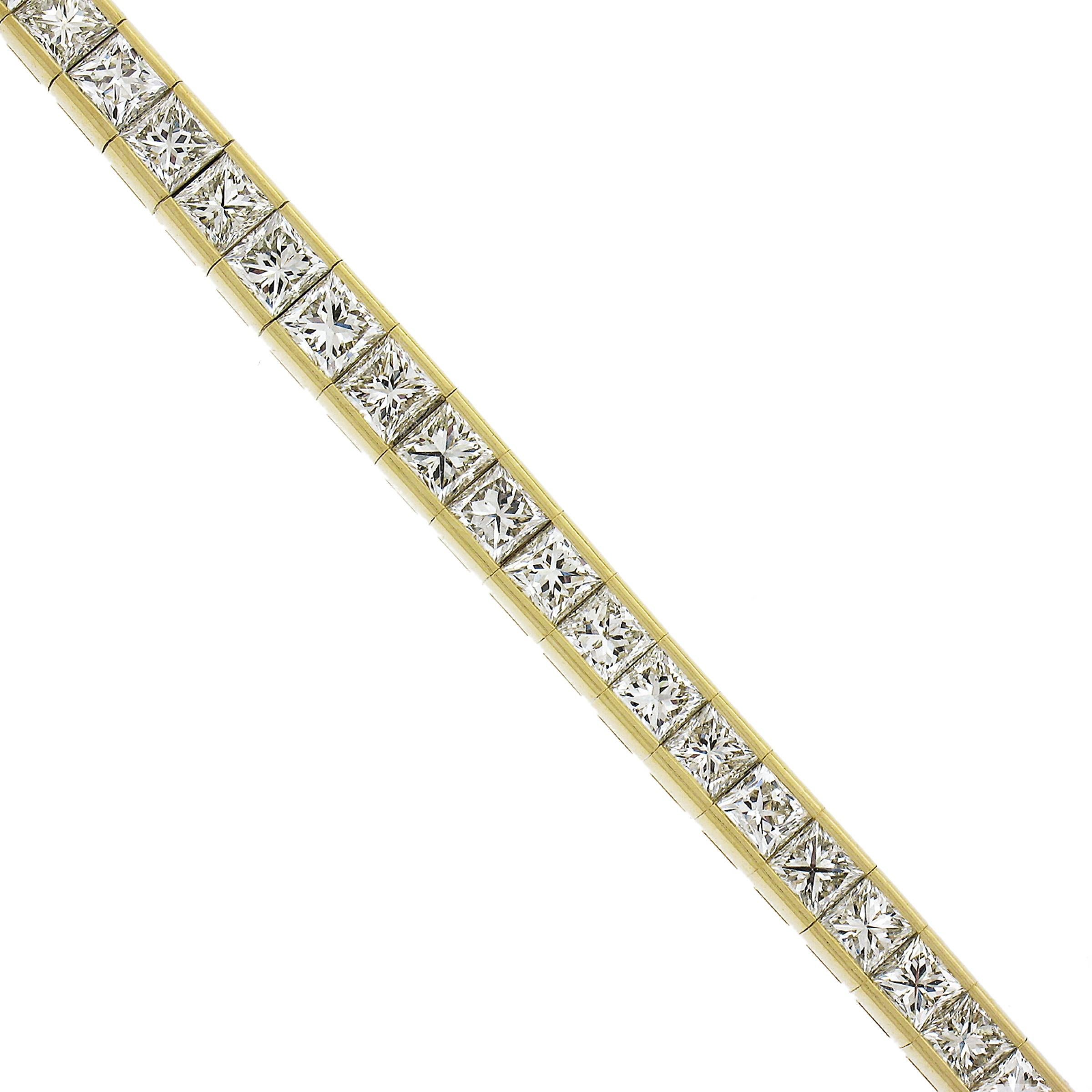18K Yellow Gold 13.44ctw Princess Cut Channel Set Diamond Line Tennis Bracelet For Sale 2