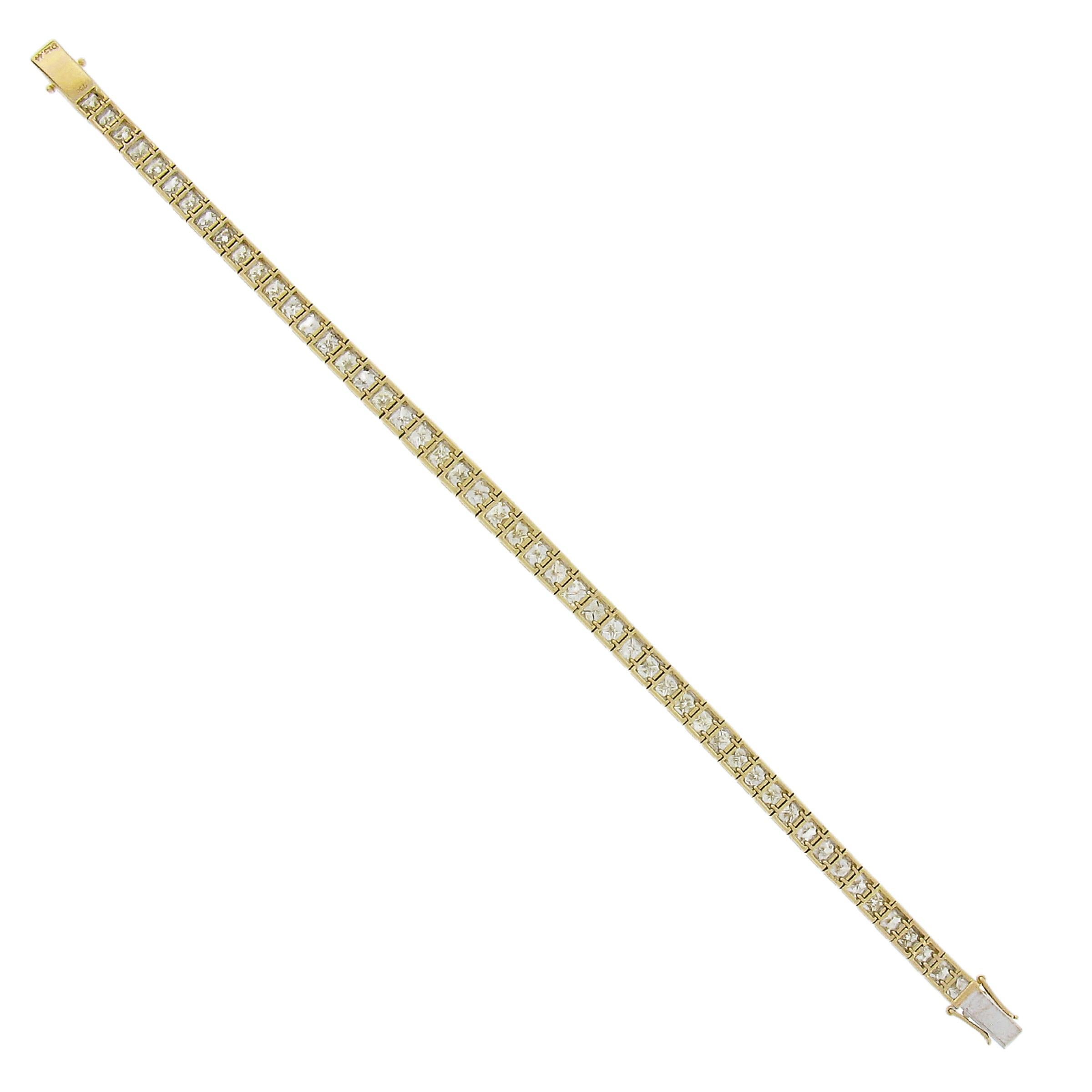 18K Yellow Gold 13.44ctw Princess Cut Channel Set Diamond Line Tennis Bracelet For Sale 3