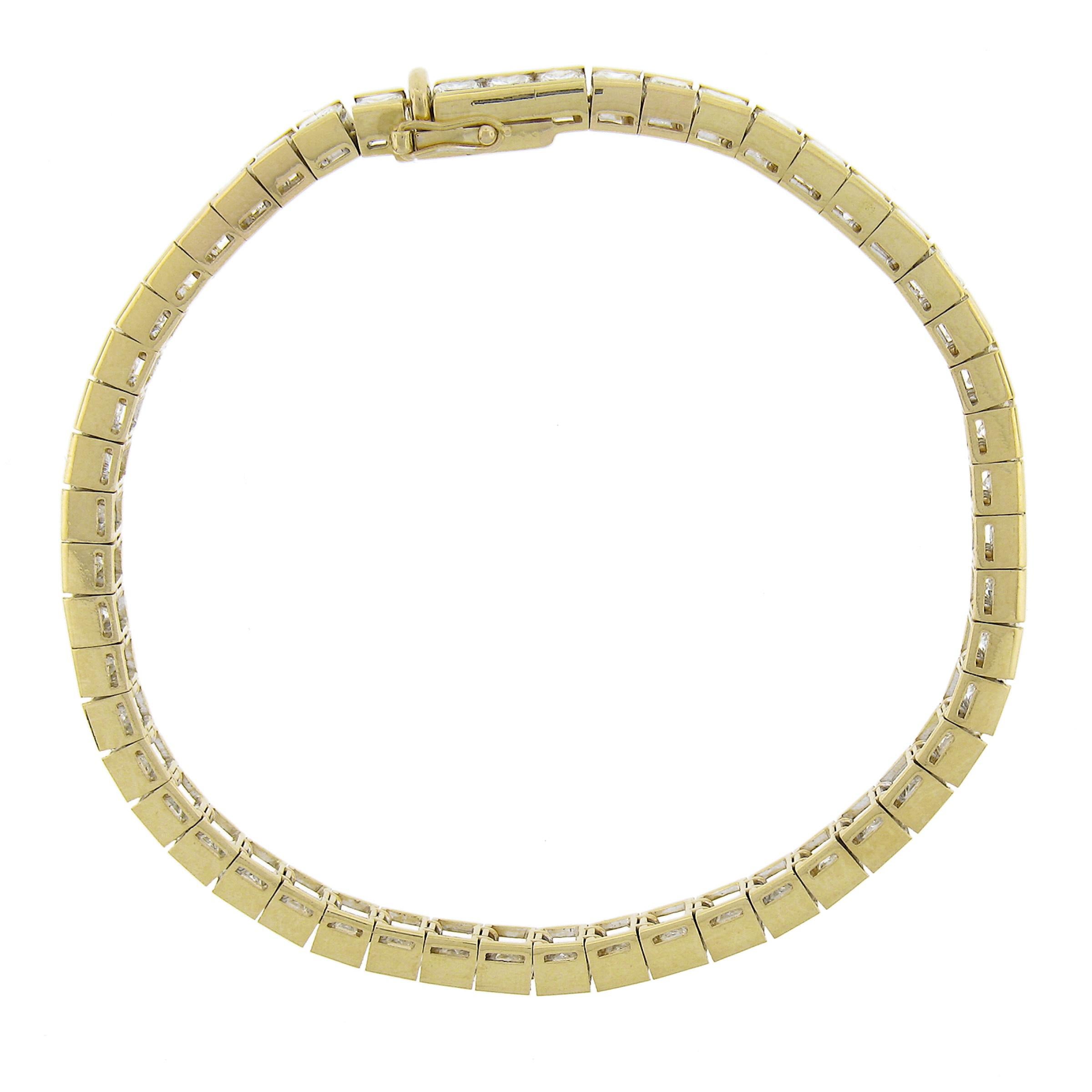 18K Yellow Gold 13.44ctw Princess Cut Channel Set Diamond Line Tennis Bracelet For Sale 4
