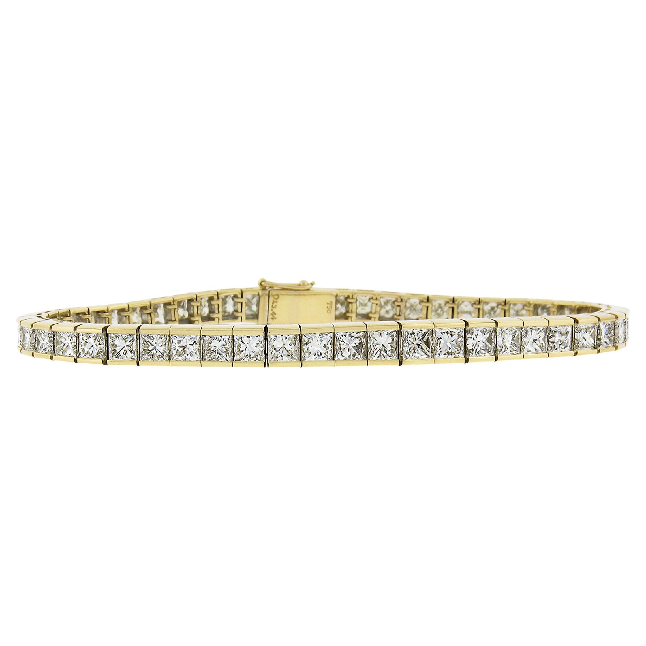 18K Yellow Gold 13.44ctw Princess Cut Channel Set Diamond Line Tennis Bracelet For Sale