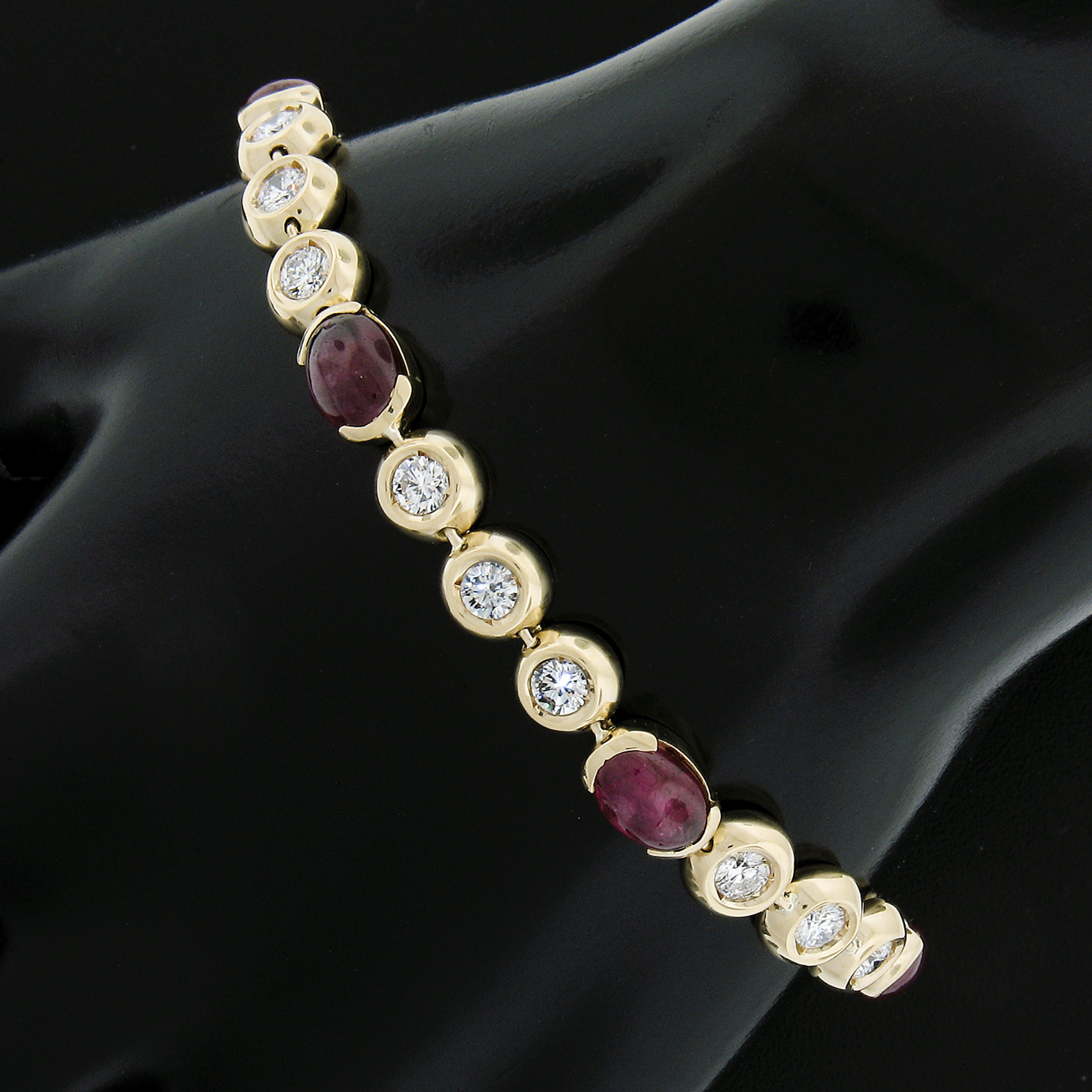 Oval Cut 18k Yellow Gold 13.60ctw Oval Cabochon Ruby & Diamond Line Link Bracelet For Sale