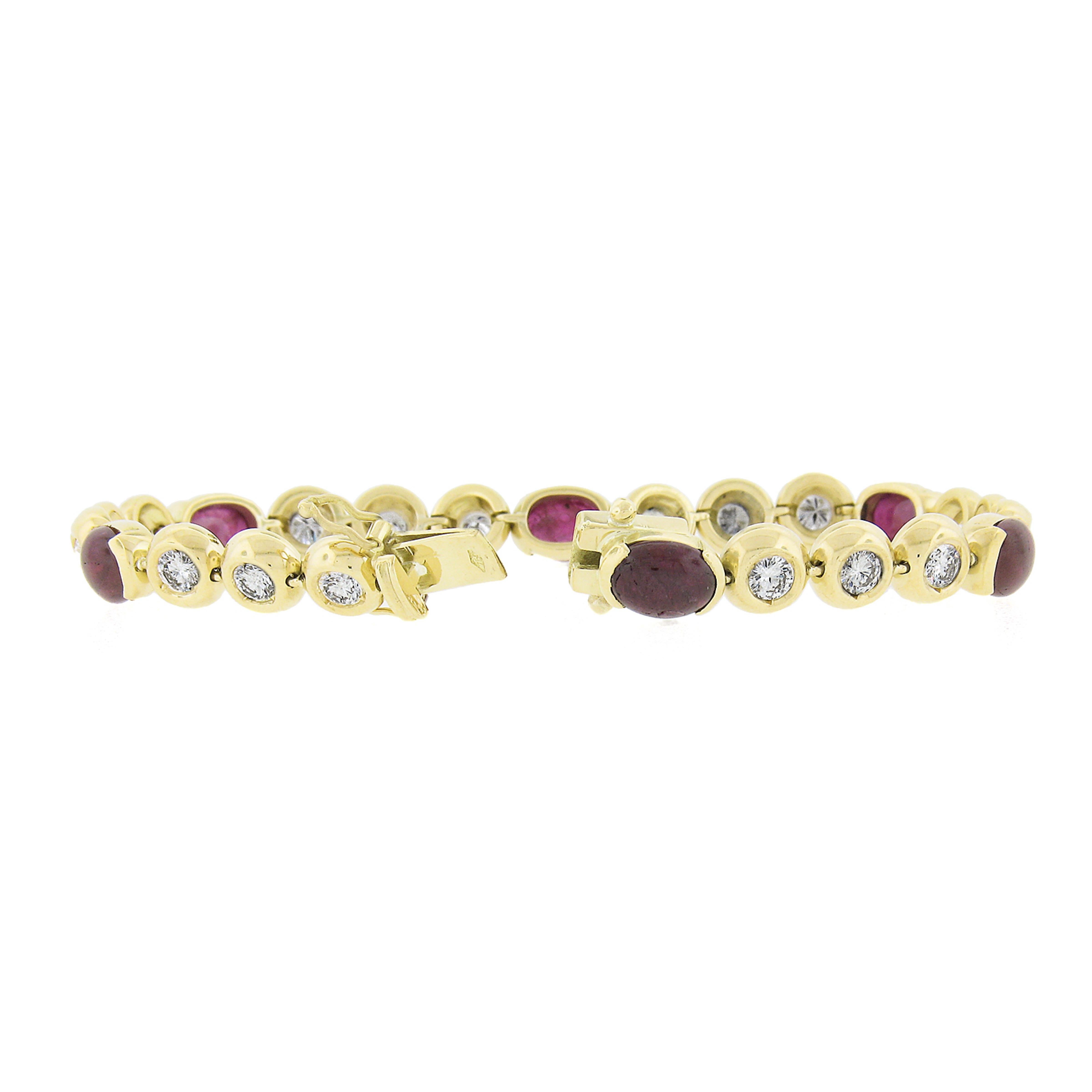 18k Yellow Gold 13.60ctw Oval Cabochon Ruby & Diamond Line Link Bracelet In Excellent Condition For Sale In Montclair, NJ