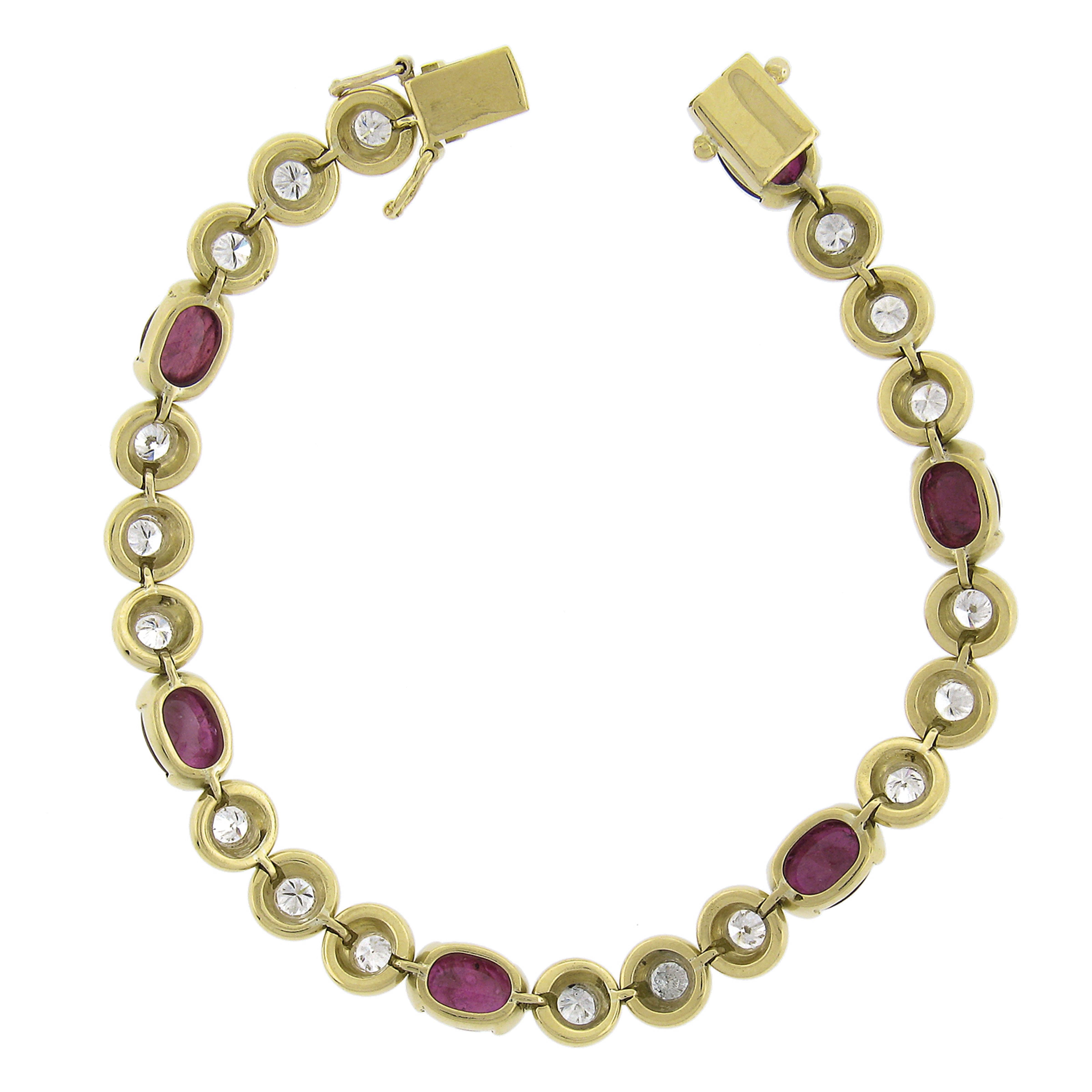 Women's 18k Yellow Gold 13.60ctw Oval Cabochon Ruby & Diamond Line Link Bracelet For Sale