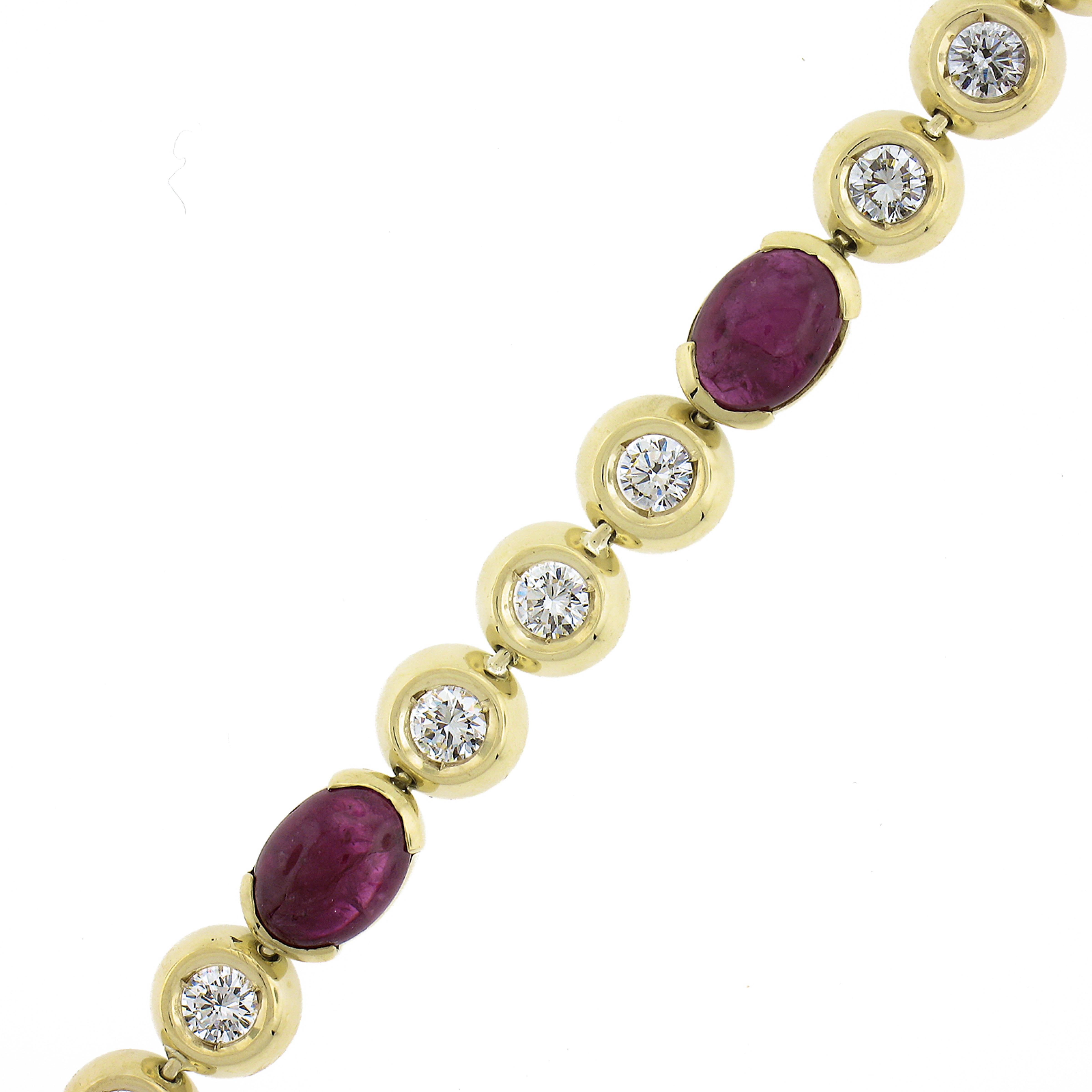 18k Yellow Gold 13.60ctw Oval Cabochon Ruby & Diamond Line Link Bracelet For Sale 1