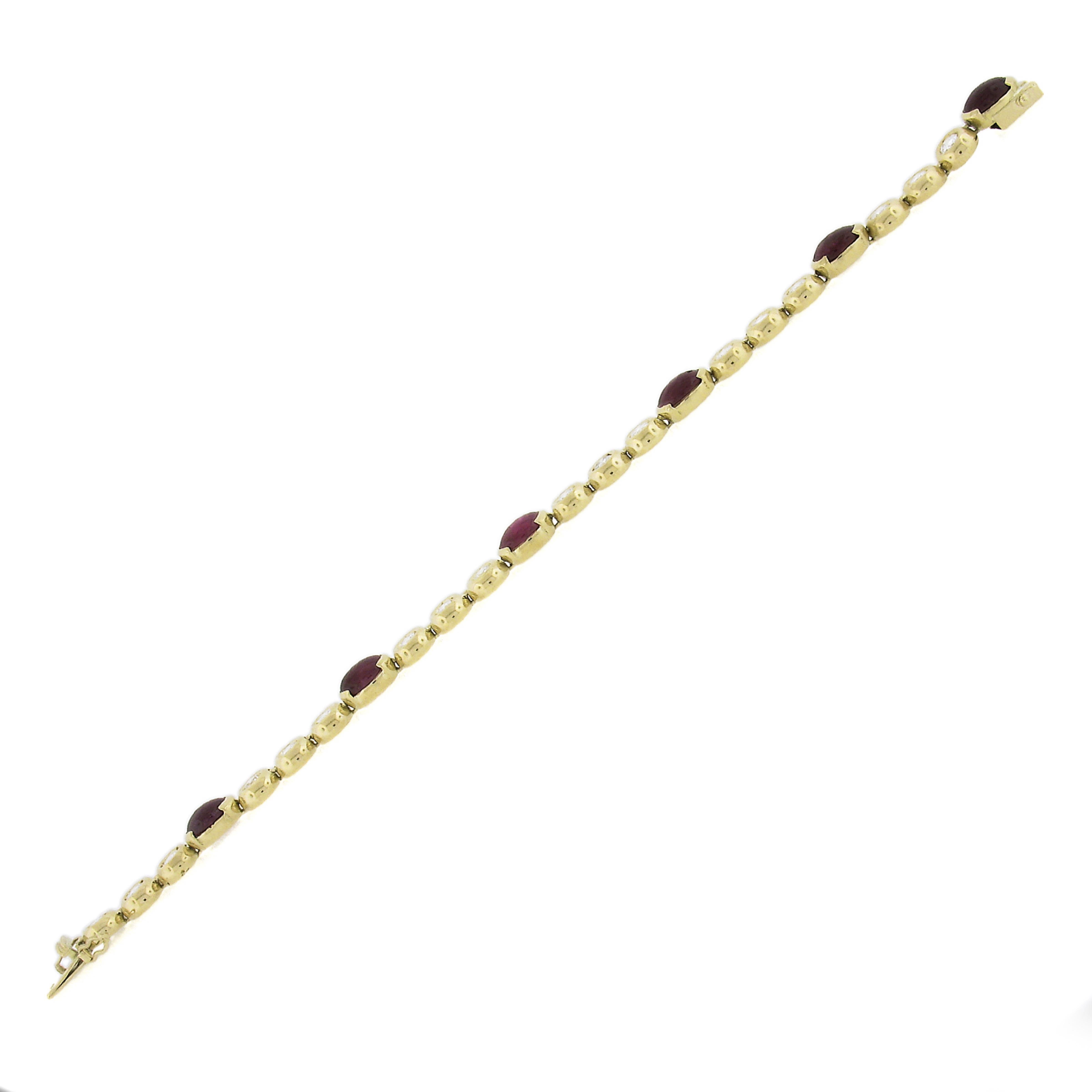 18k Yellow Gold 13.60ctw Oval Cabochon Ruby & Diamond Line Link Bracelet For Sale 2