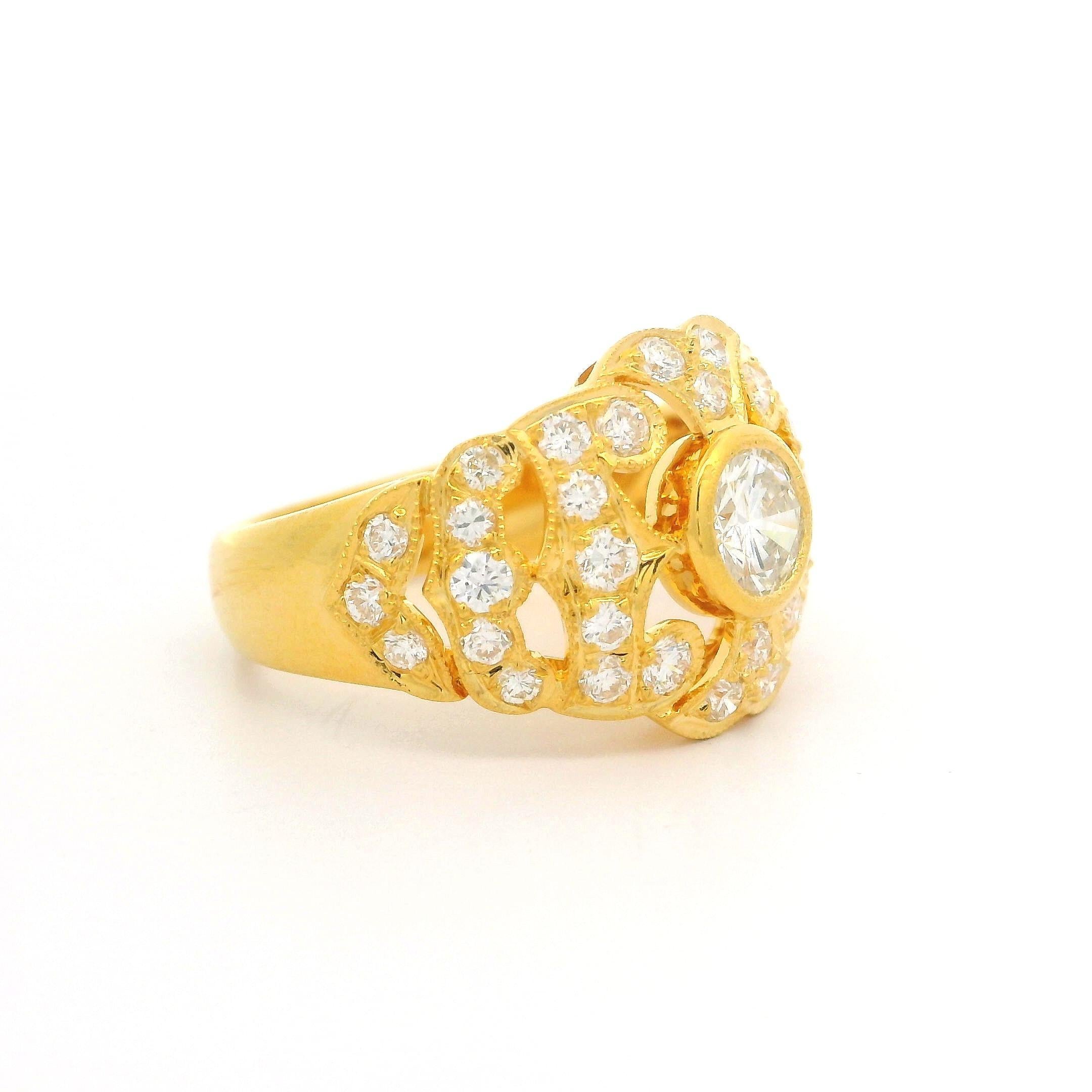 18k Yellow Gold 1.36ctw Pave Bezel Diamond 13.9mm Wide Open Work Cocktail Ring 6