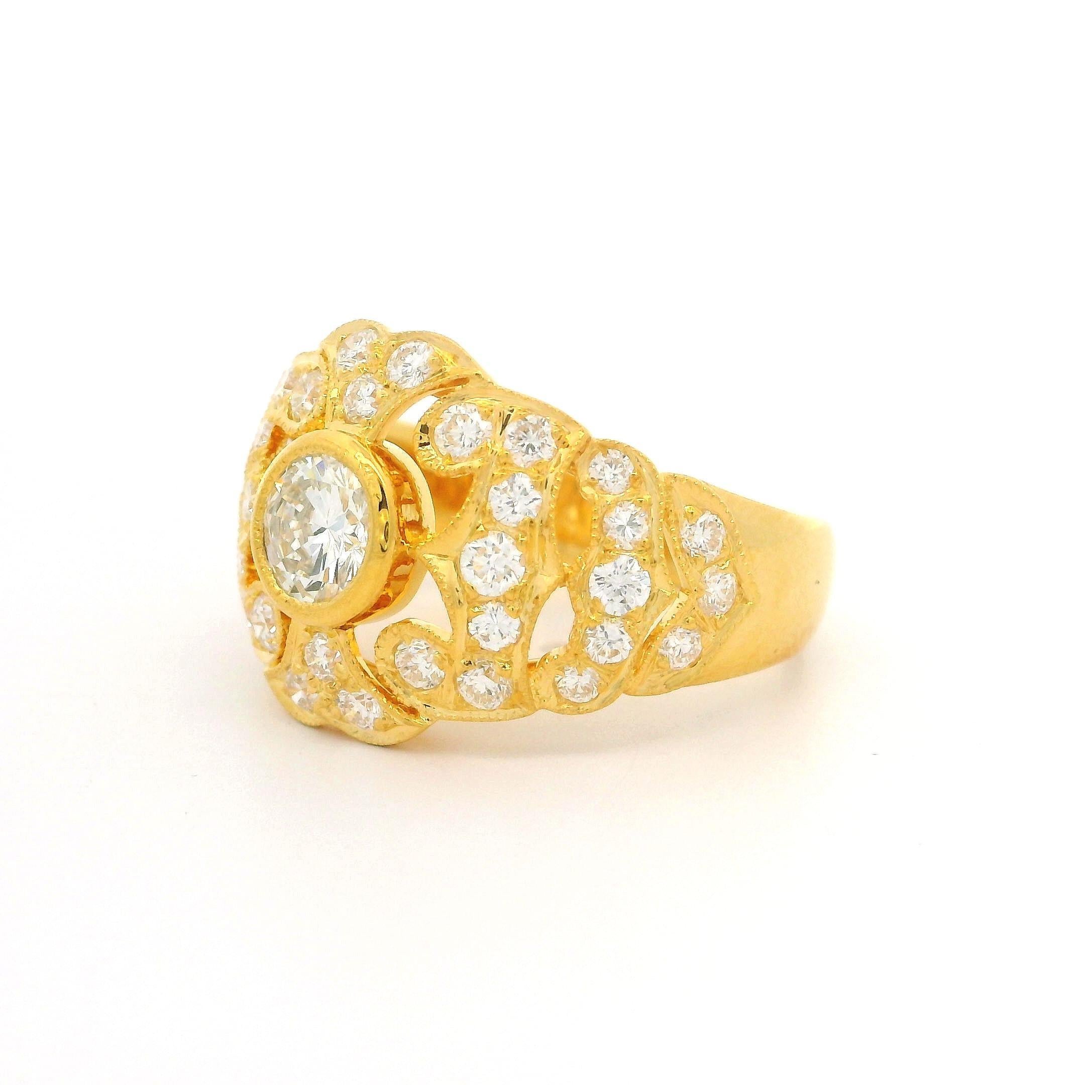 18k Yellow Gold 1.36ctw Pave Bezel Diamond 13.9mm Wide Open Work Cocktail Ring 7