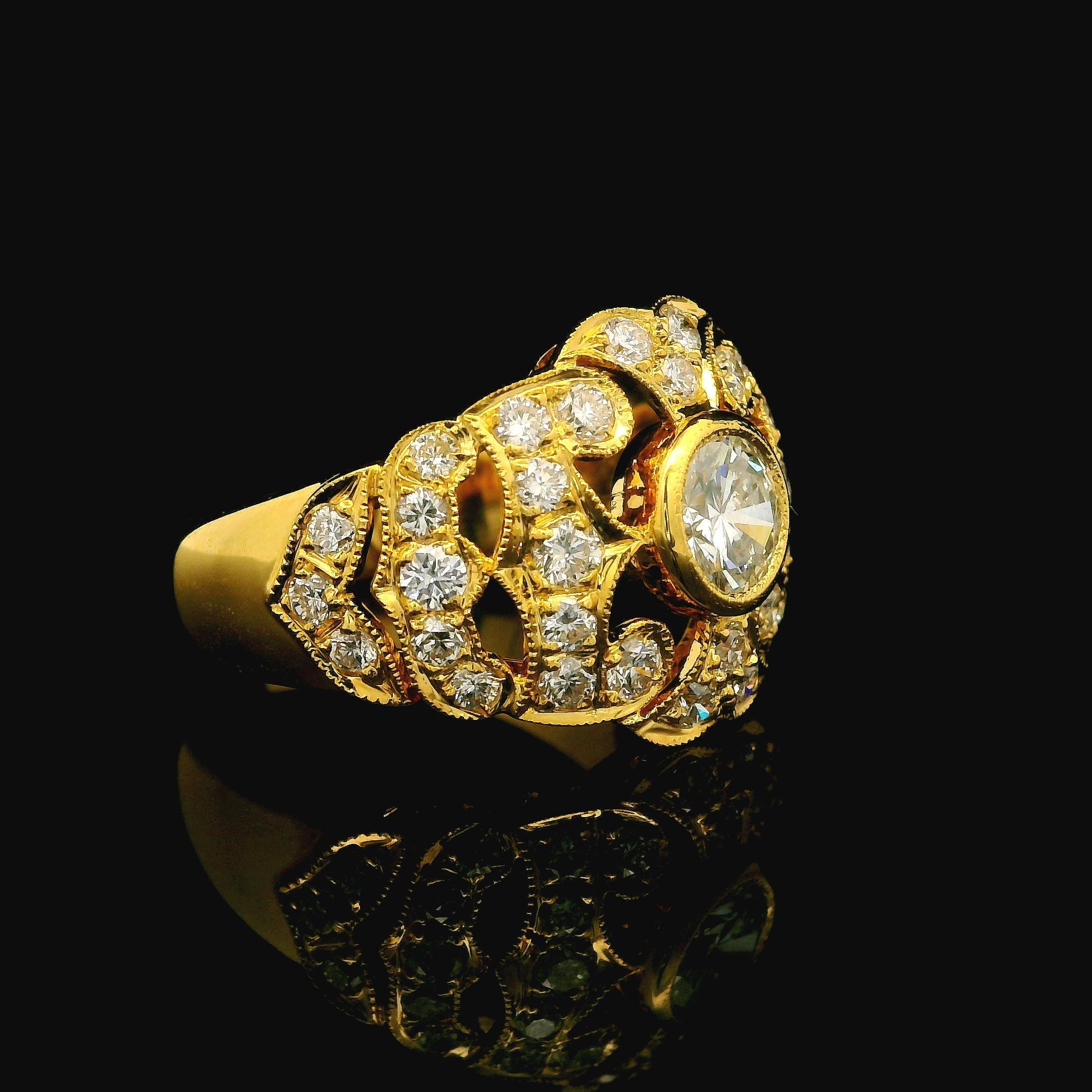 Brilliant Cut 18k Yellow Gold 1.36ctw Pave Bezel Diamond 13.9mm Wide Open Work Cocktail Ring