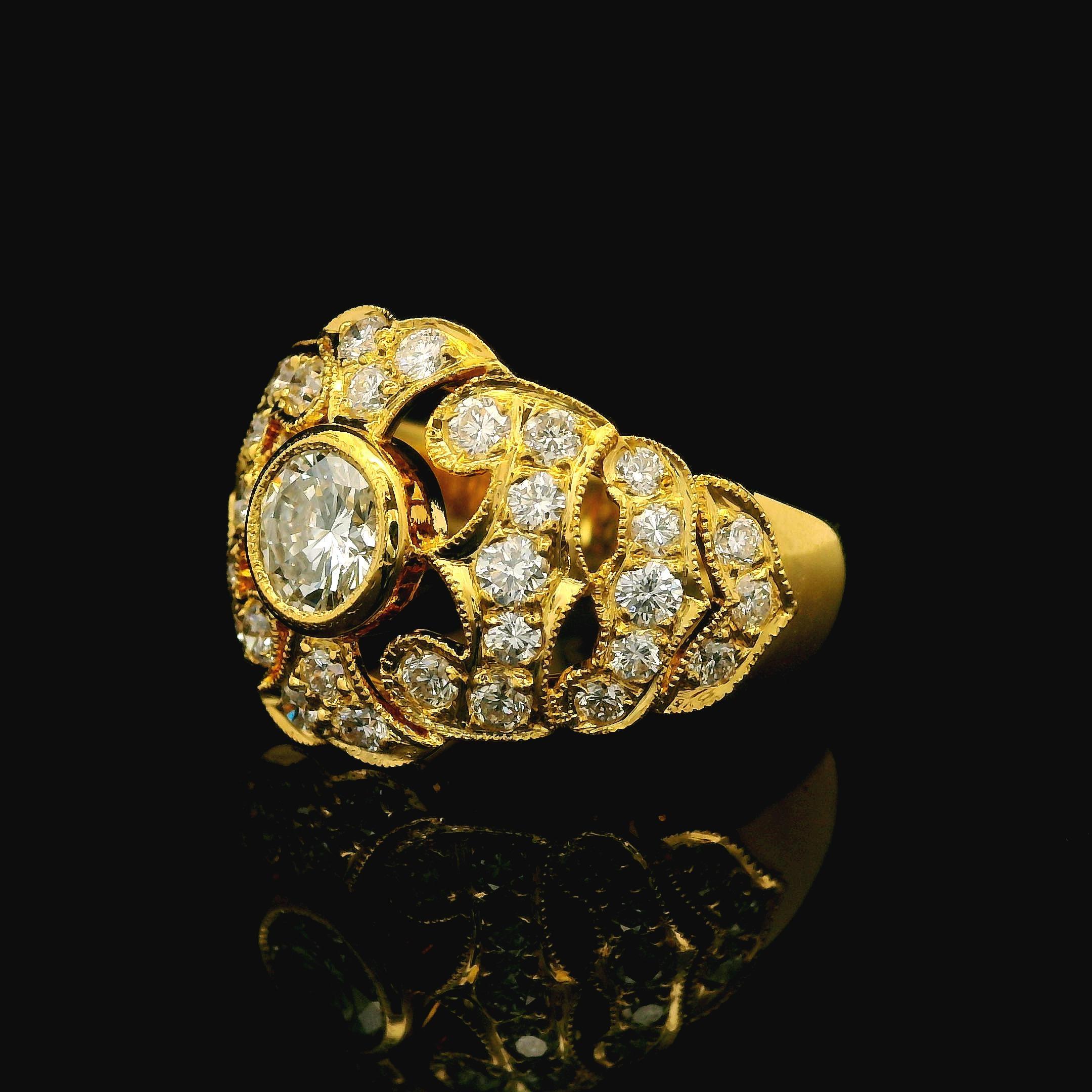18k Yellow Gold 1.36ctw Pave Bezel Diamond 13.9mm Wide Open Work Cocktail Ring In Excellent Condition In Montclair, NJ