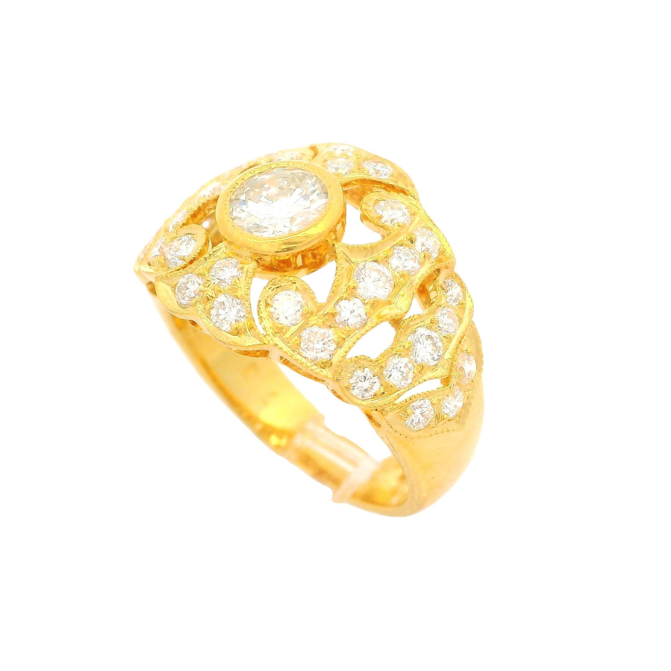 18k Yellow Gold 1.36ctw Pave Bezel Diamond 13.9mm Wide Open Work Cocktail Ring 3