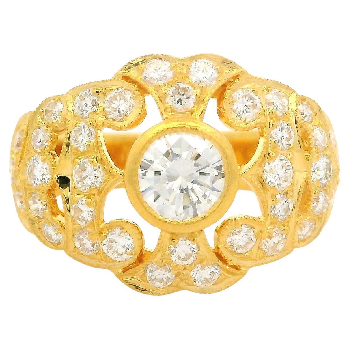 18k Yellow Gold 1.36ctw Pave Bezel Diamond 13.9mm Wide Open Work Cocktail Ring