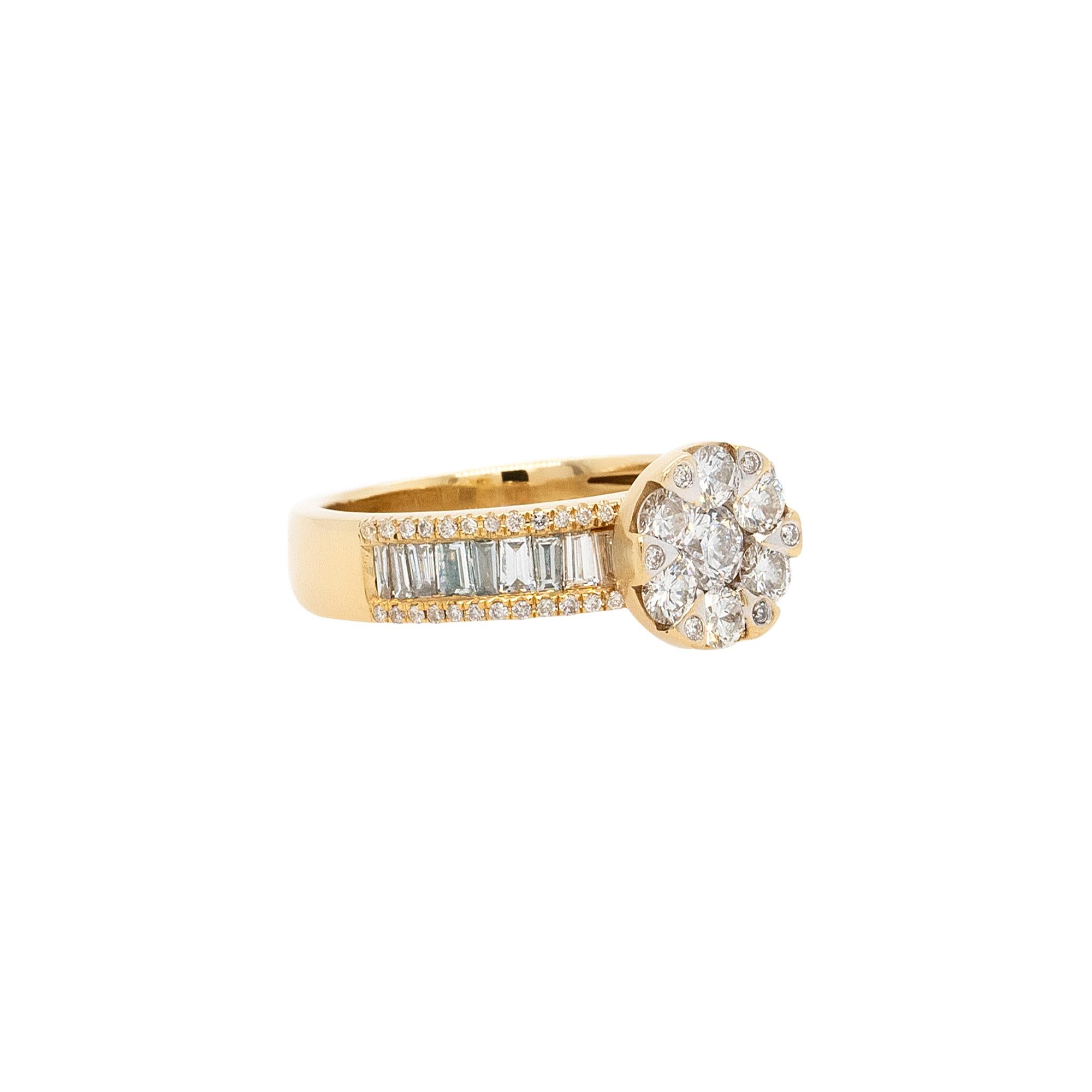 Center Details:
0.35ctw Round Brilliant Natural Diamonds
G/H Color SI Clarity
Sides Stones Details: 
1.03ctw of Baguette and Round Diamonds
G/H Color SI Clarity
Ring Material: 18k Yellow Gold
Ring Size: 7.5 (can be sized)
Total Weight: 7.78g