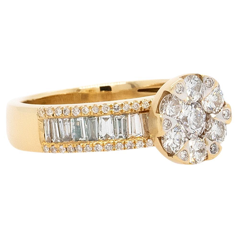 18k Yellow Gold 1.38ct Round Brilliant and Baguette Cut Natural Diamond Engageme For Sale