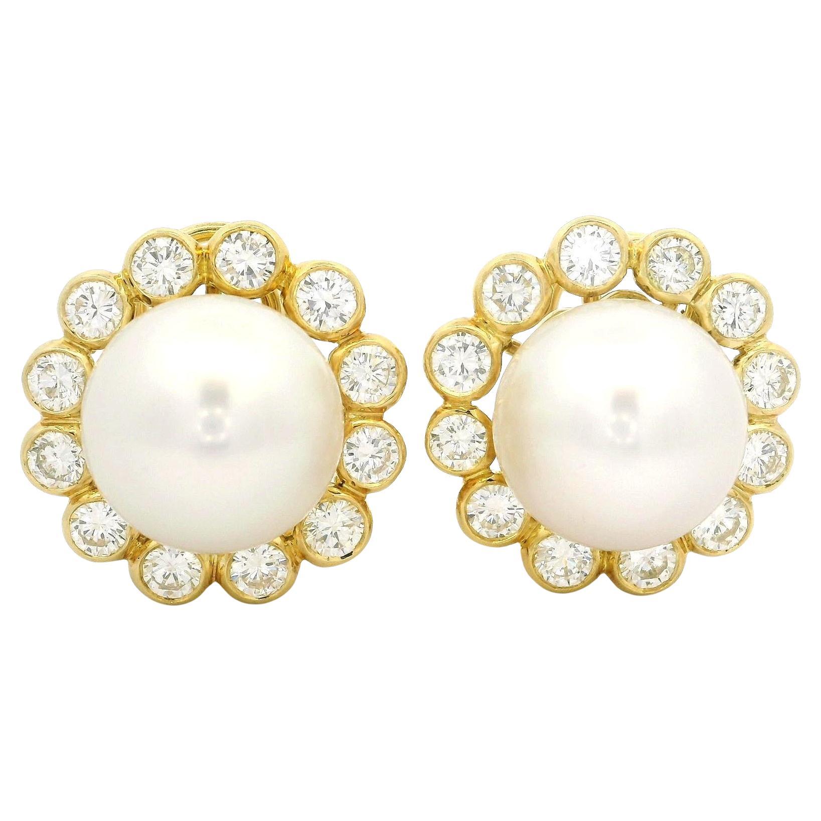 18k Yellow Gold 13.8mm Button Pearl 3.6ctw Bezel Large Diamond Halo Earrings