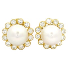 18k Yellow Gold 13.8mm Button Pearl 3.6ctw Bezel Large Diamond Halo Earrings