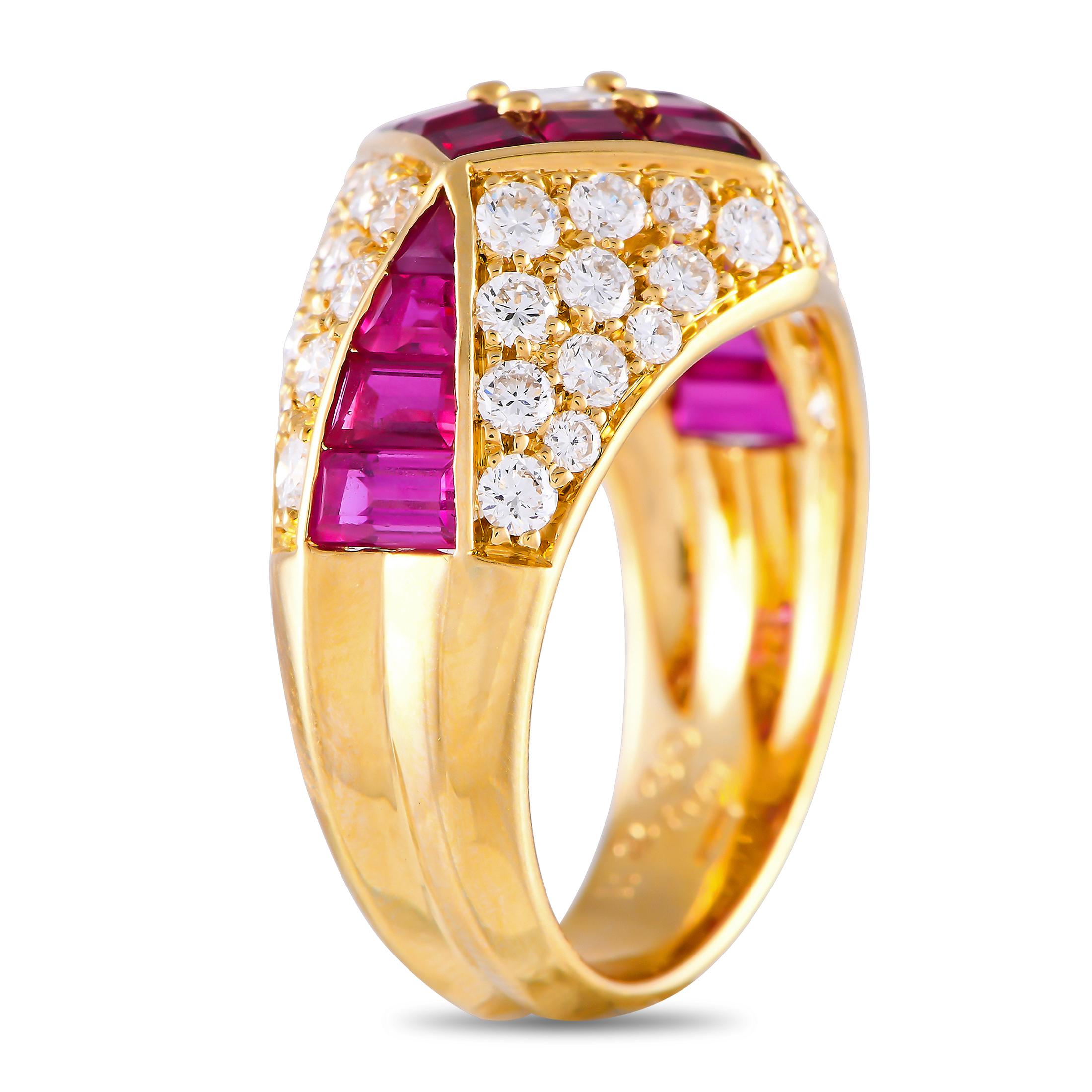 A lovely piece to consider to celebrate romance. This piece features a tapering yellow gold band with a wide top detailed with a bold and brilliant pattern of diamonds and rubies. The ring's top dimensions measure 16mm by 14mm.This 18K Yellow Gold