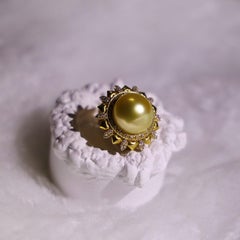 18K Yellow Gold 13mm South Sea Pearl Golden Pearl Ring with Diamonds
