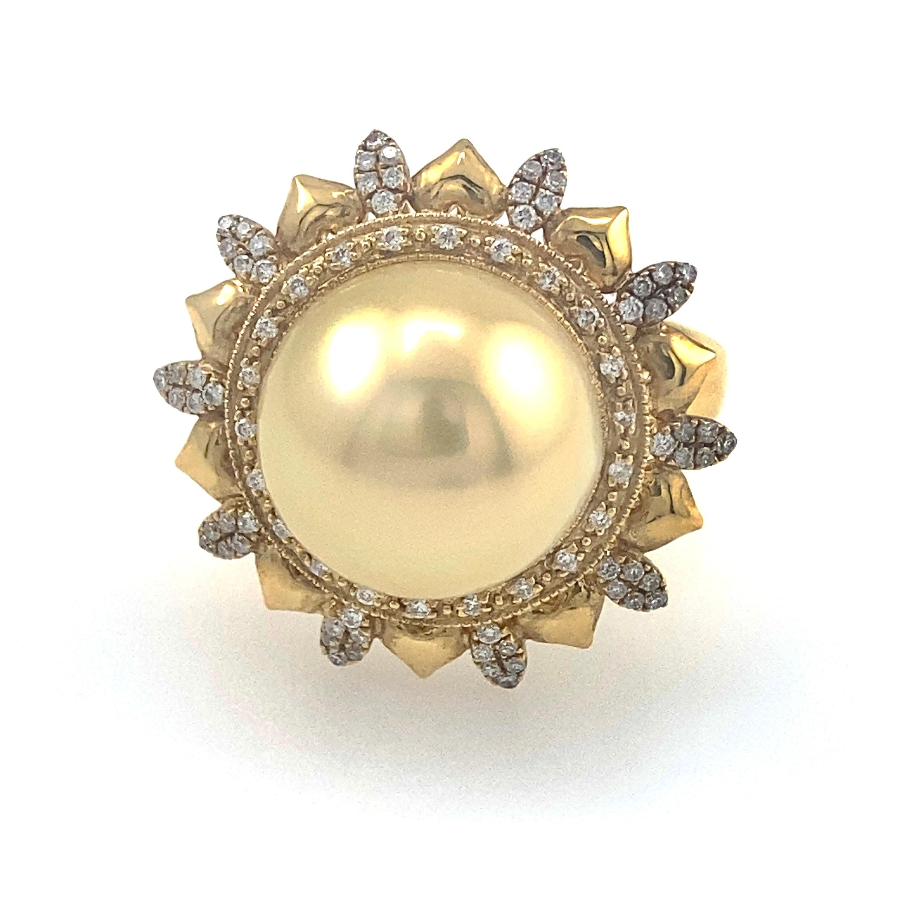Modern 18K Yellow Gold 13mm South Sea Pearl Golden Pearl Ring with Diamonds For Sale