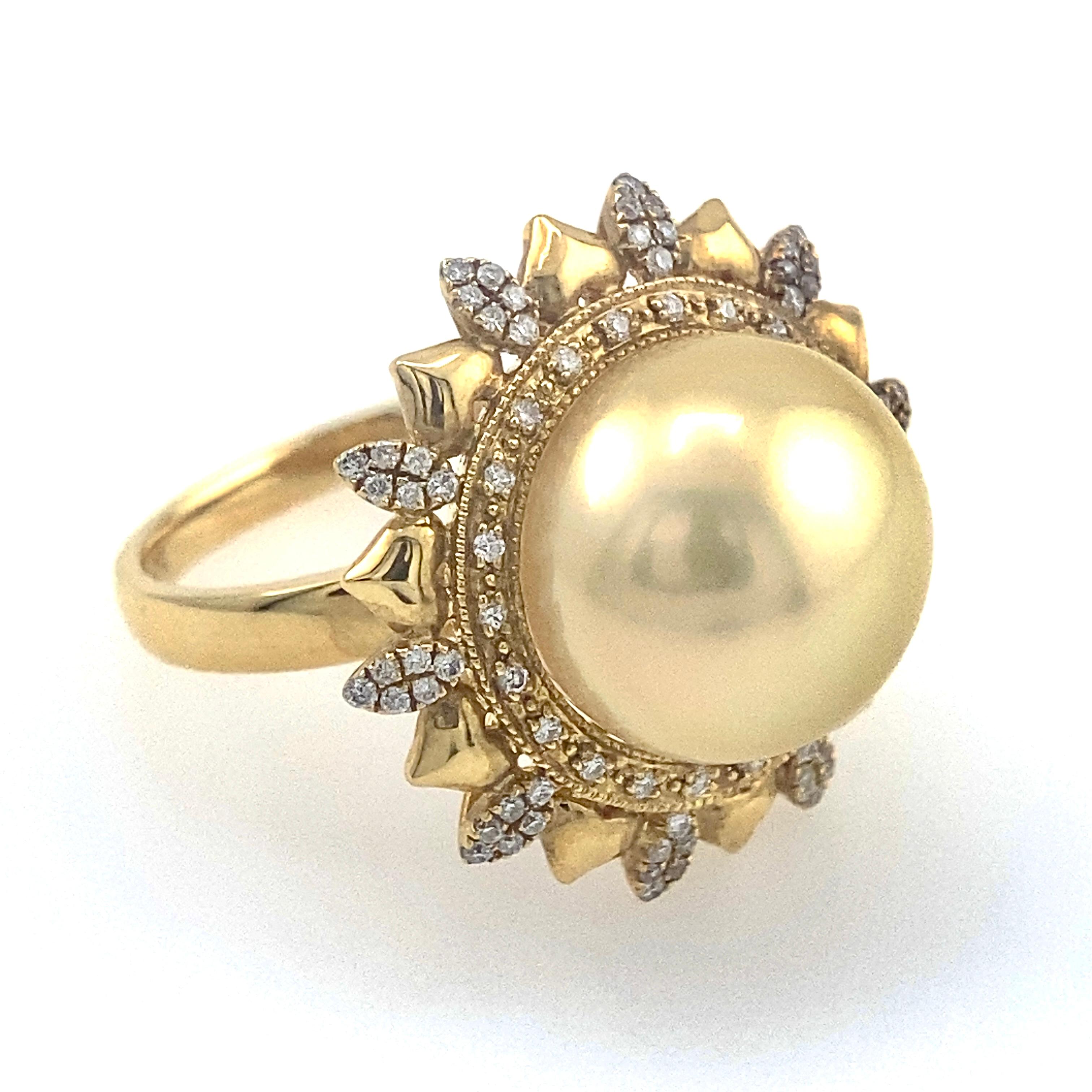 Round Cut 18K Yellow Gold 13mm South Sea Pearl Golden Pearl Ring with Diamonds For Sale