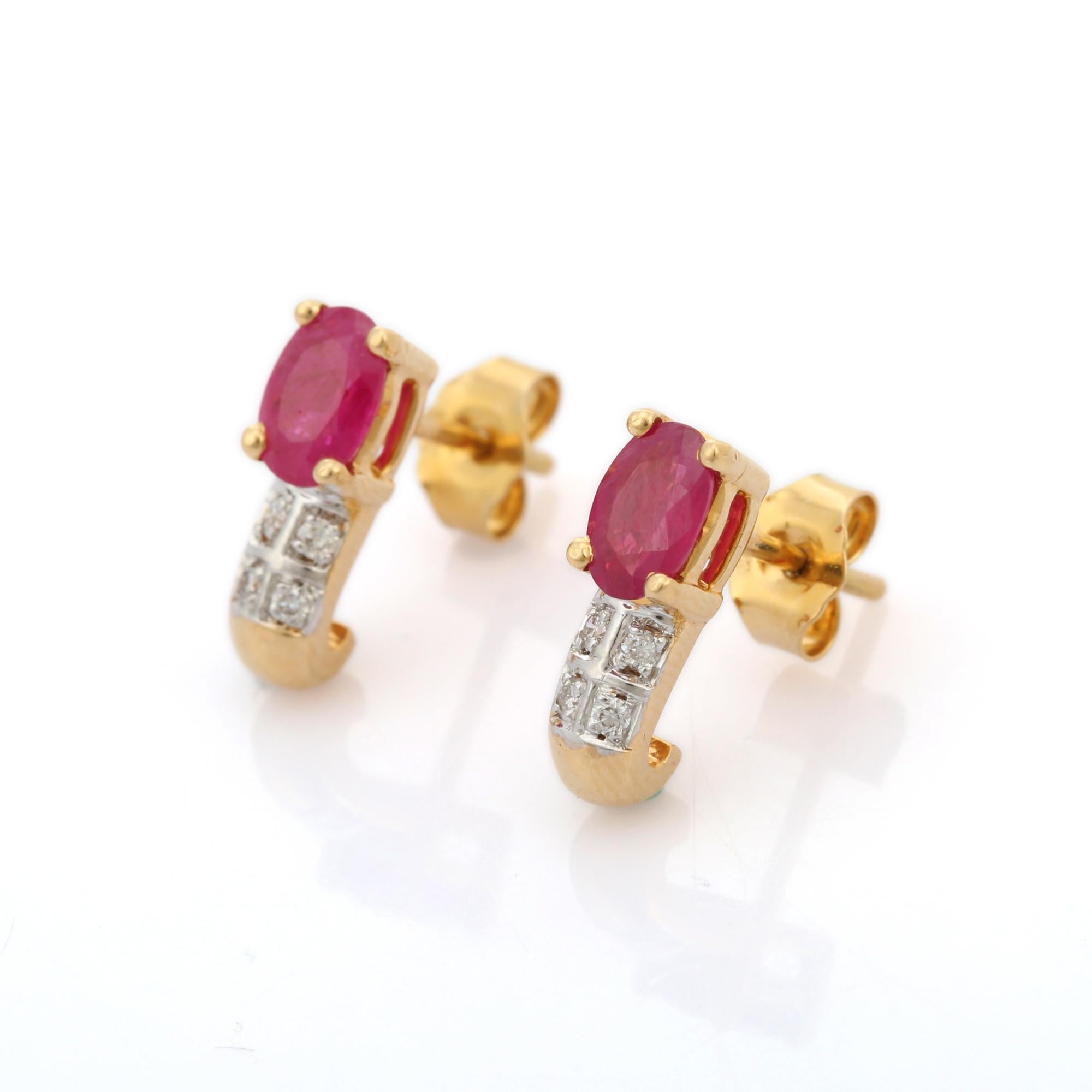 Oval Cut 18K Yellow Gold 1.4 Ct Ruby and Diamond Stud Earrings, Ruby Earrings for Her For Sale