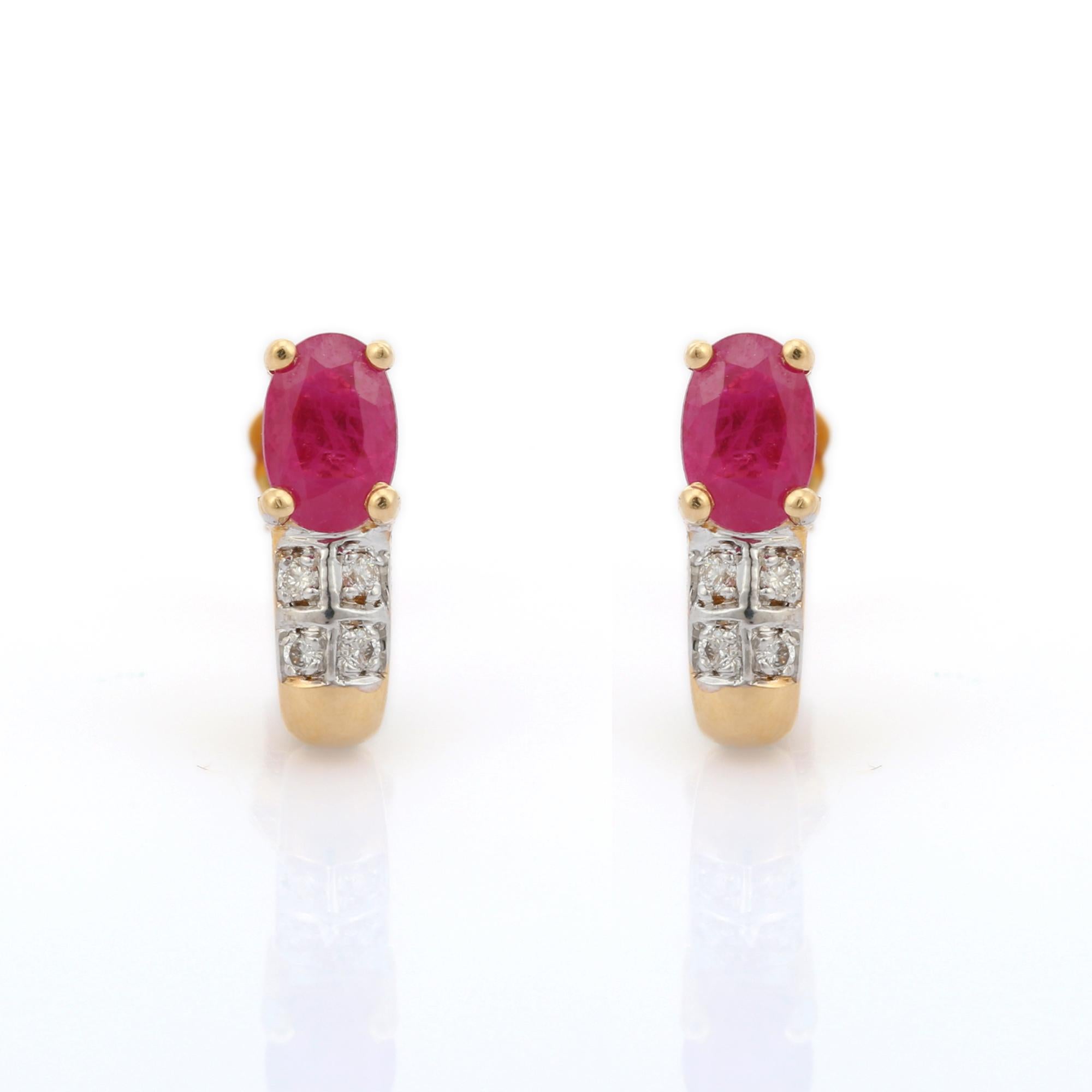 18K Yellow Gold 1.4 Ct Ruby and Diamond Stud Earrings, Ruby Earrings for Her In New Condition For Sale In New York, NY