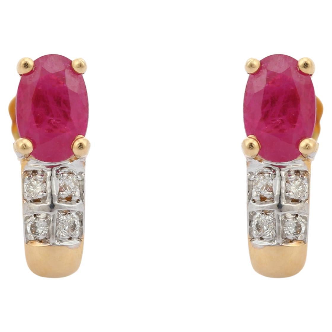 18K Yellow Gold 1.4 Ct Ruby and Diamond Stud Earrings, Ruby Earrings for Her