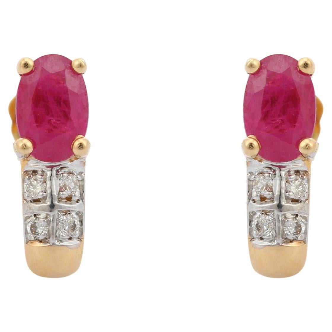 18K Yellow Gold 1.4 Ct Ruby and Diamond Stud Earrings, Ruby Earrings for Her