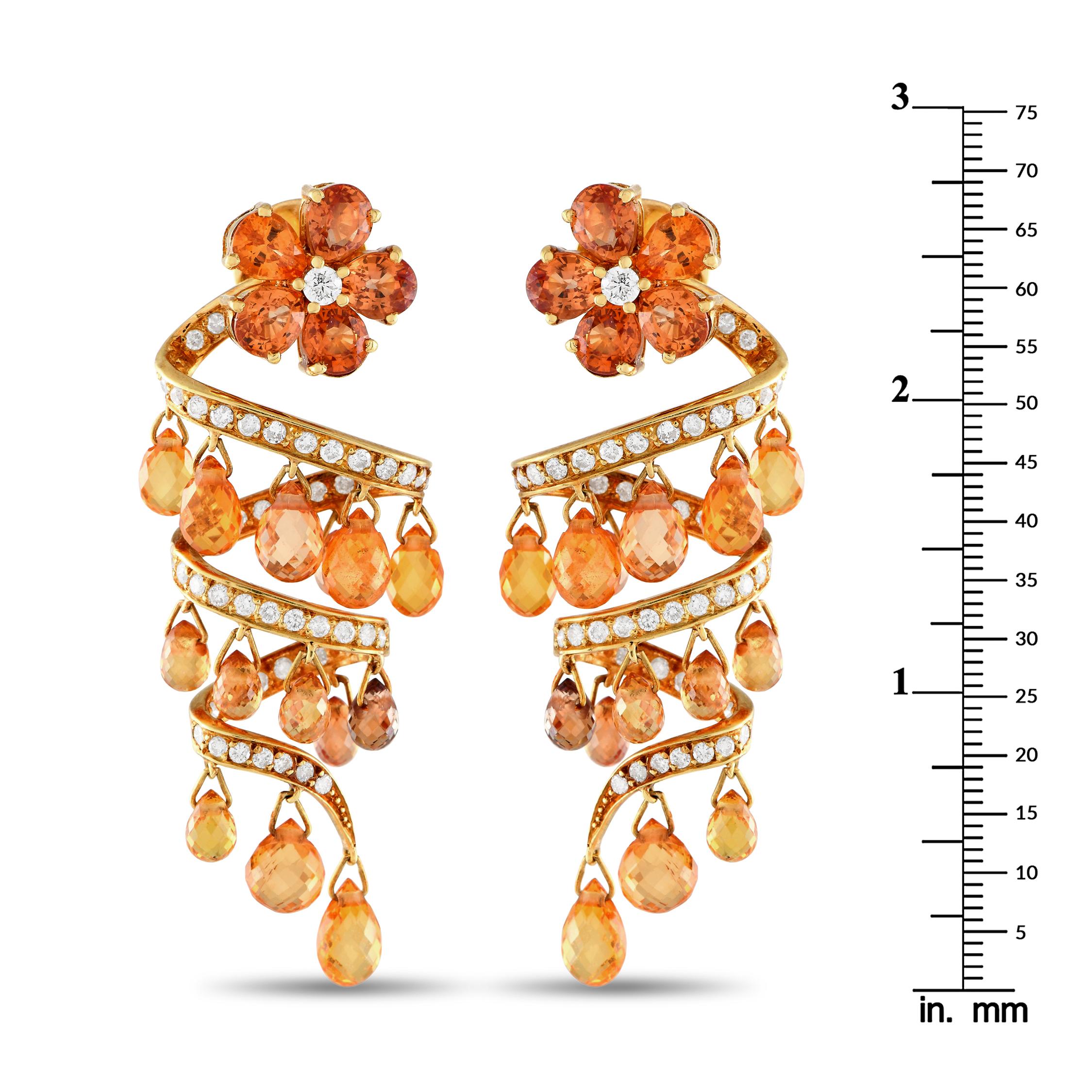 Round Cut 18K Yellow Gold 1.40ct Diamond & Citrine Spiral Chandelier Earrings MF07-013024 For Sale