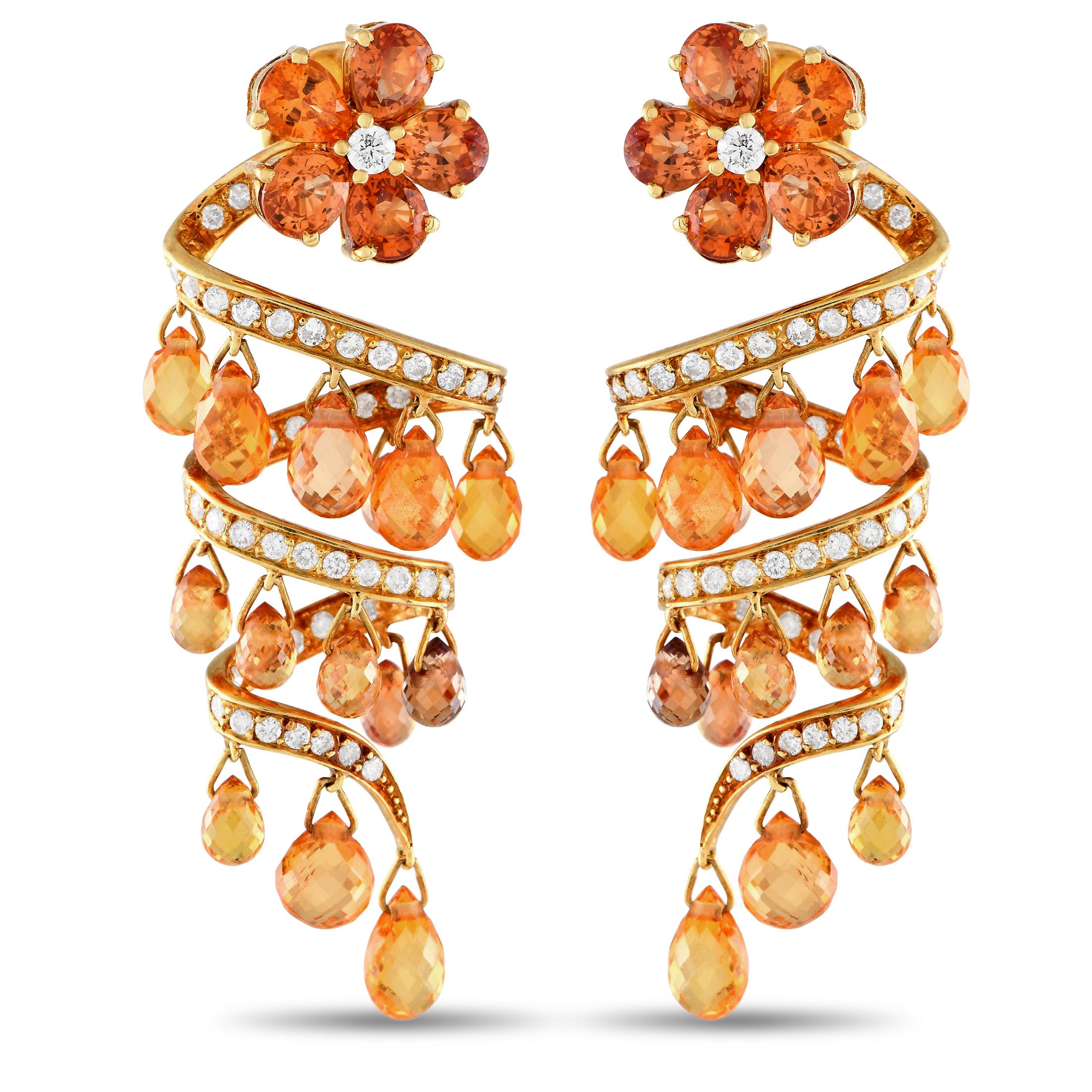 18K Yellow Gold 1.40ct Diamond & Citrine Spiral Chandelier Earrings MF07-013024 In Excellent Condition For Sale In Southampton, PA