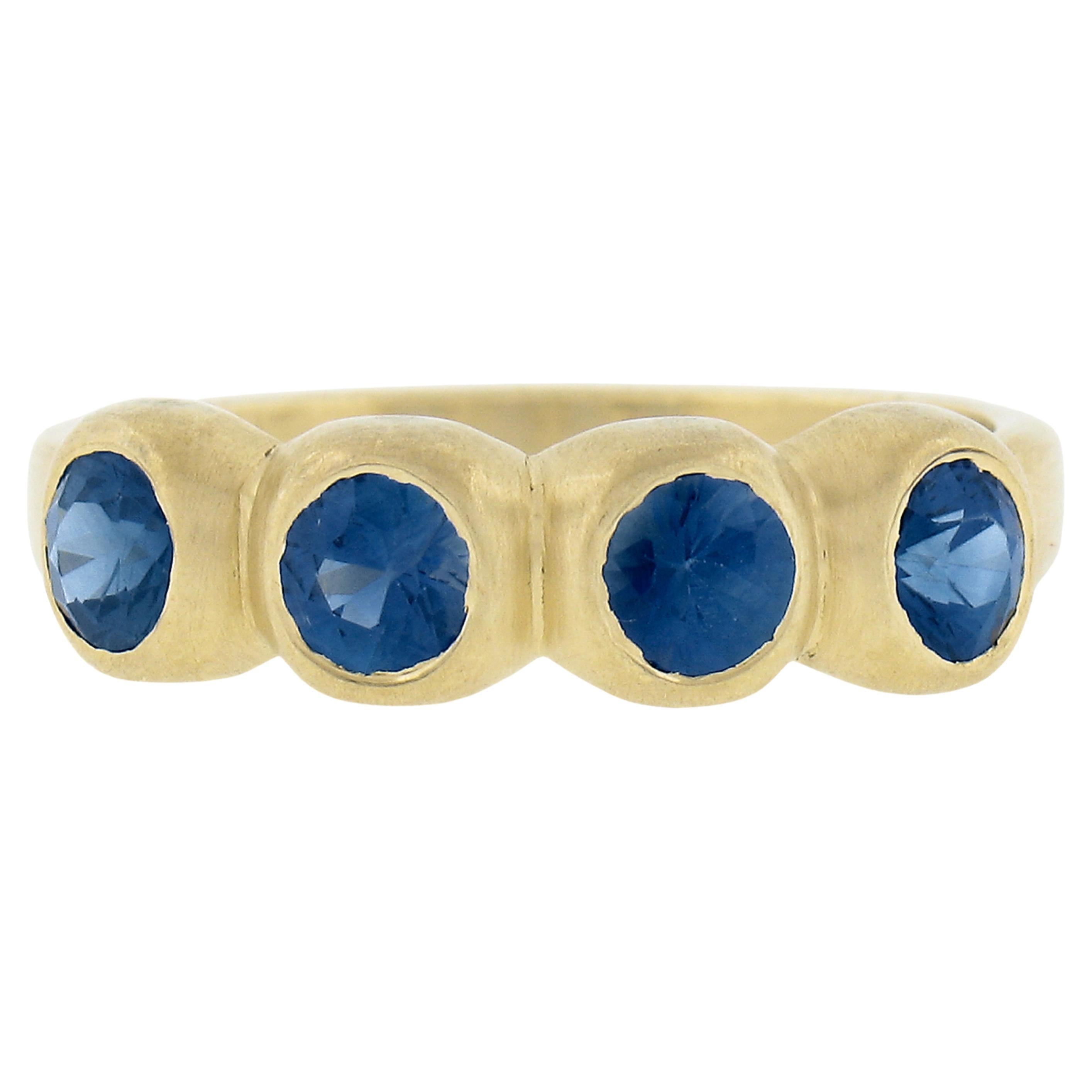 18K Yellow Gold 1.40ctw Round Brilliant Cut Sapphire Brushed Stack Band Ring For Sale