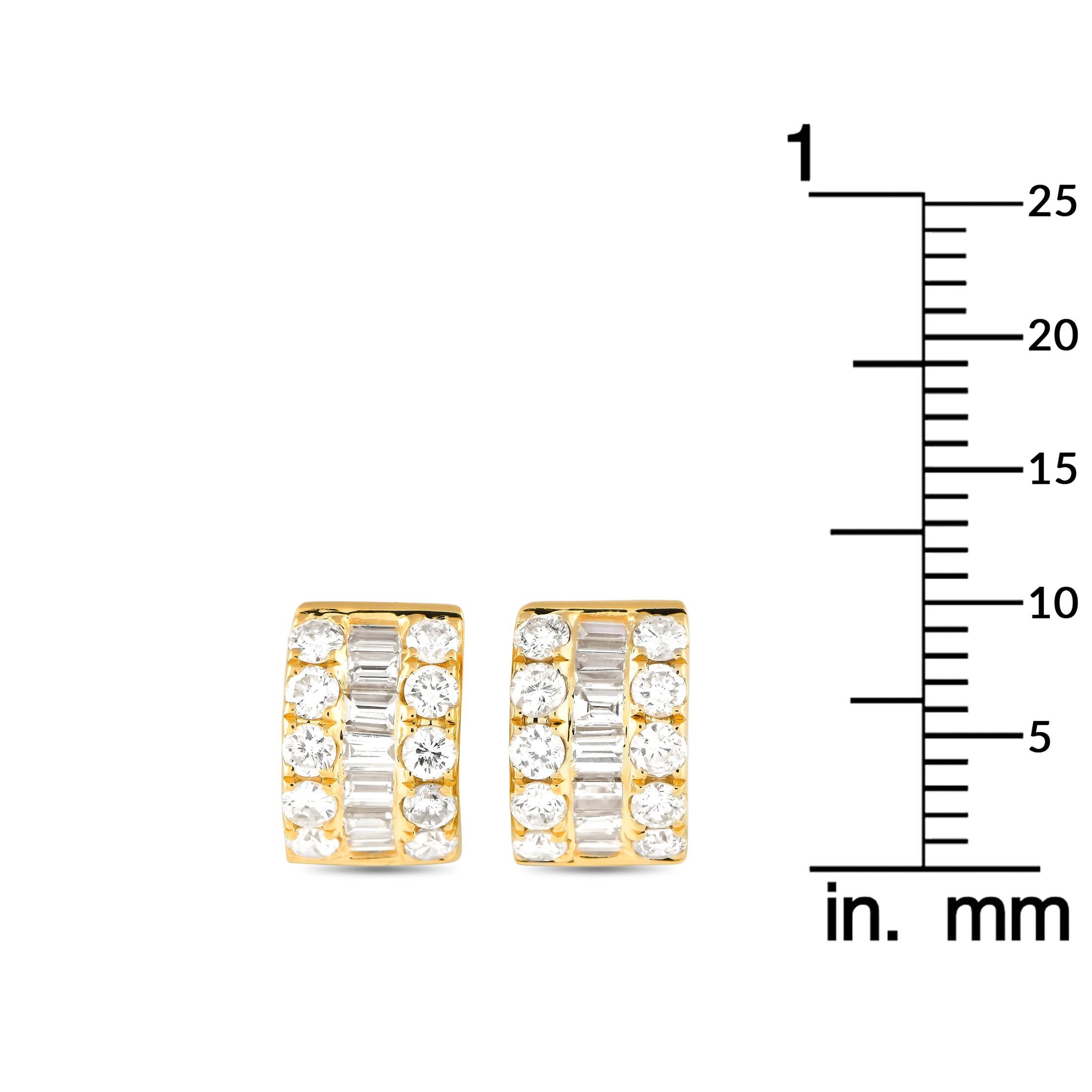 Round Cut 18K Yellow Gold 1.42ct Diamond Three-Row Huggie Hoop Earrings AER-18747-Y