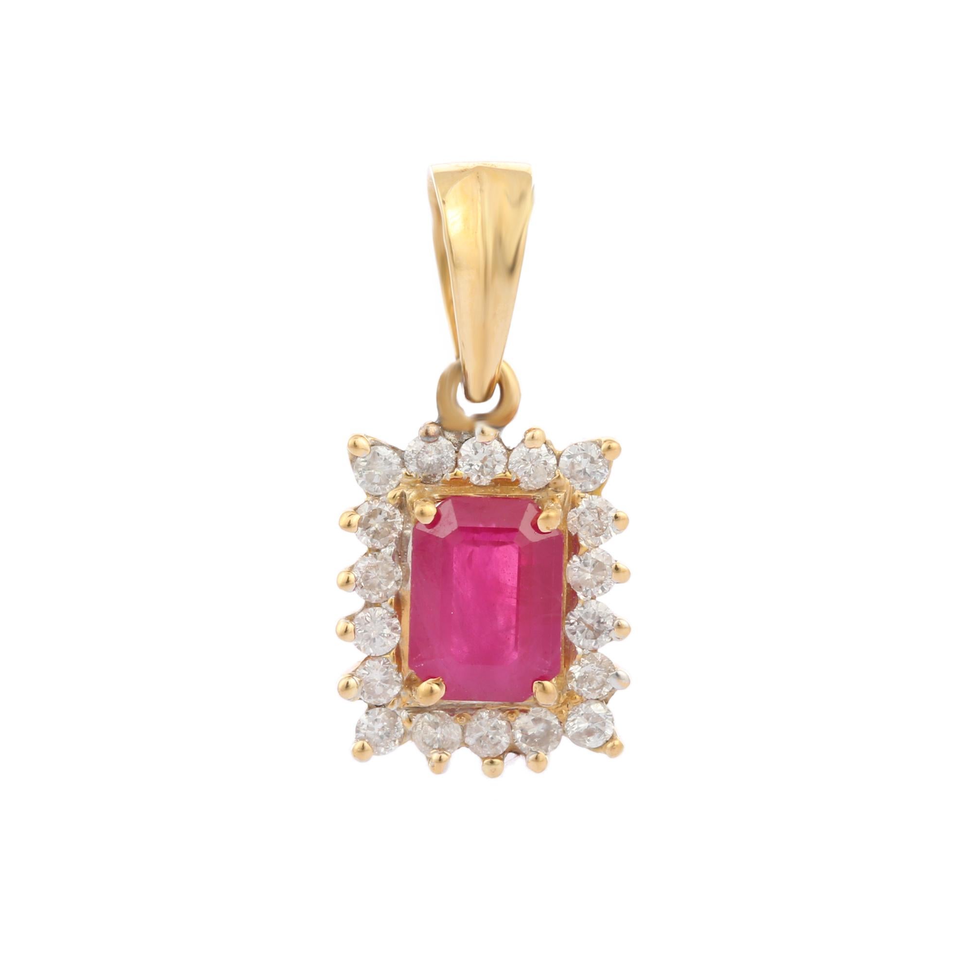 Octagon cut ruby diamond halo pendant in 18K Gold. It has a oval cut ruby with diamonds that completes your look with a decent touch. Pendants are used to wear or gifted to represent love and promises. It's an attractive jewelry piece that goes with