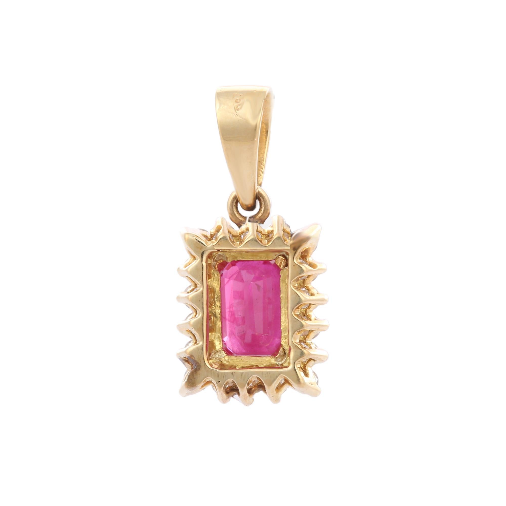 Women's 18K Yellow Gold 1.45 Ct Octagon Cut Ruby Diamond Halo Pendant Gift for Her For Sale