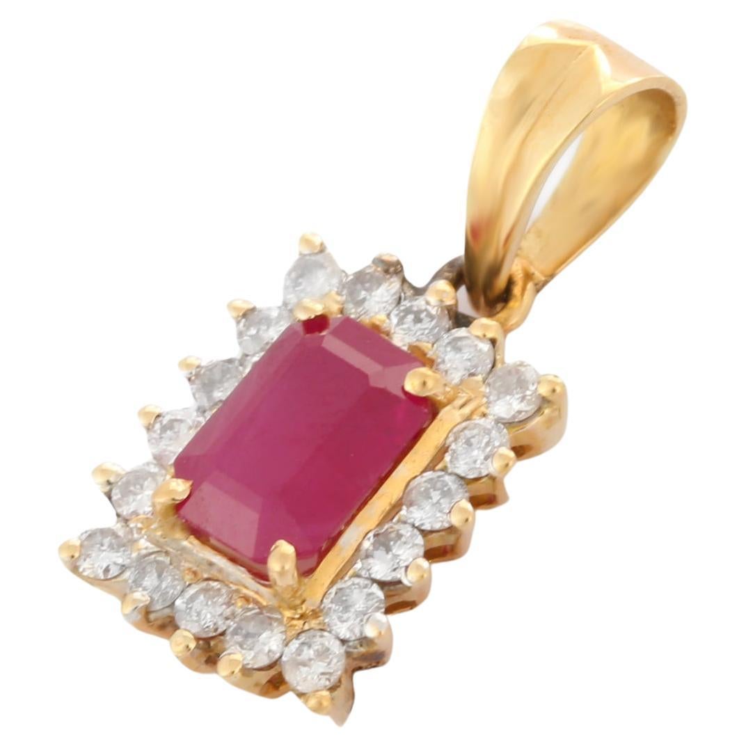 18K Yellow Gold 1.45 Ct Octagon Cut Ruby Diamond Halo Pendant Gift for Her For Sale