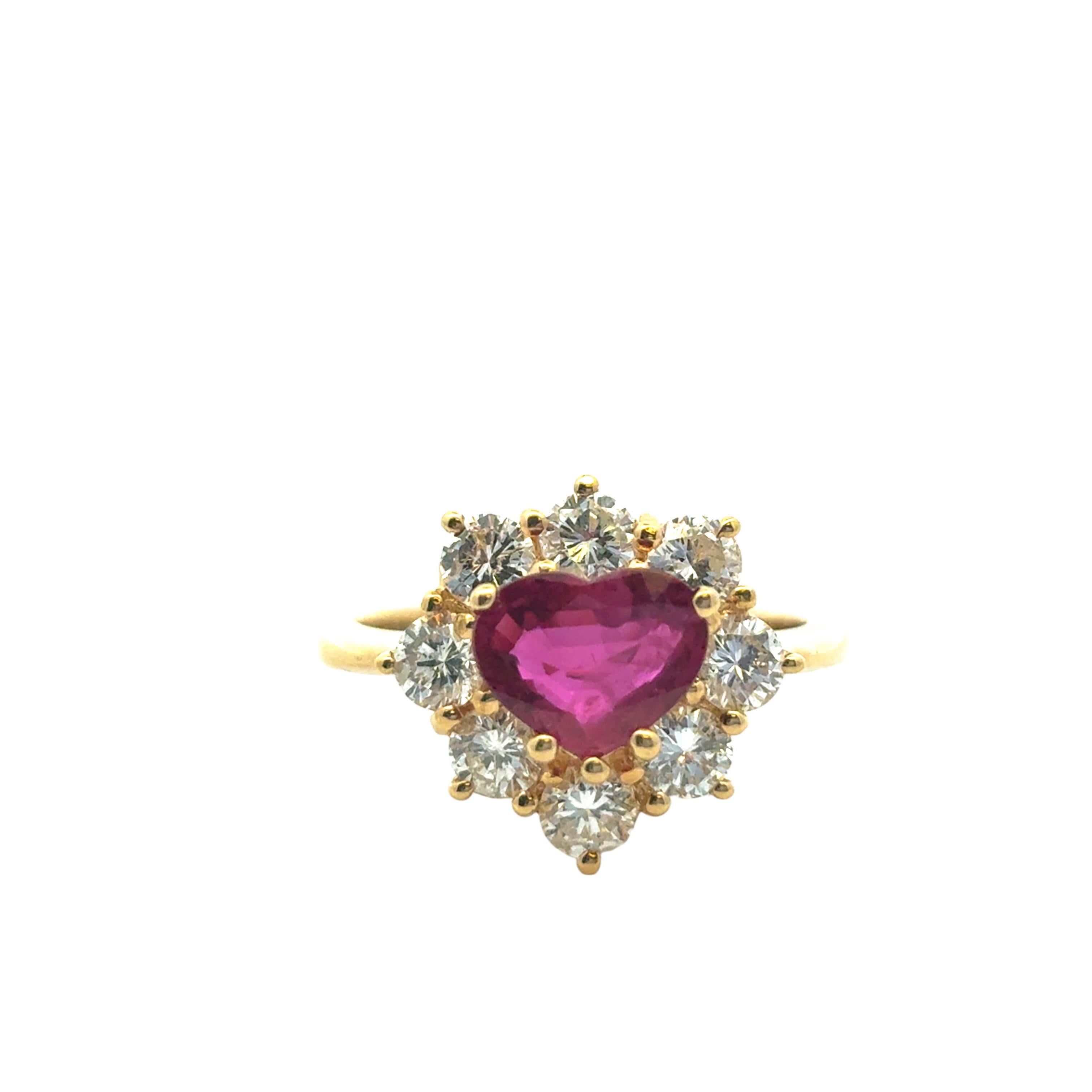 18k Yellow Gold 1.46ct Heart Shape Ruby with 1.05ctw Diamond Ring

This stunning Ruby Heart Diamond Ring is in excellent condition and is ready to ship!

Style: Cocktail Ring, Heart Ring
Material: 18k Yellow Gold
Gemstone Details: The main gemstone